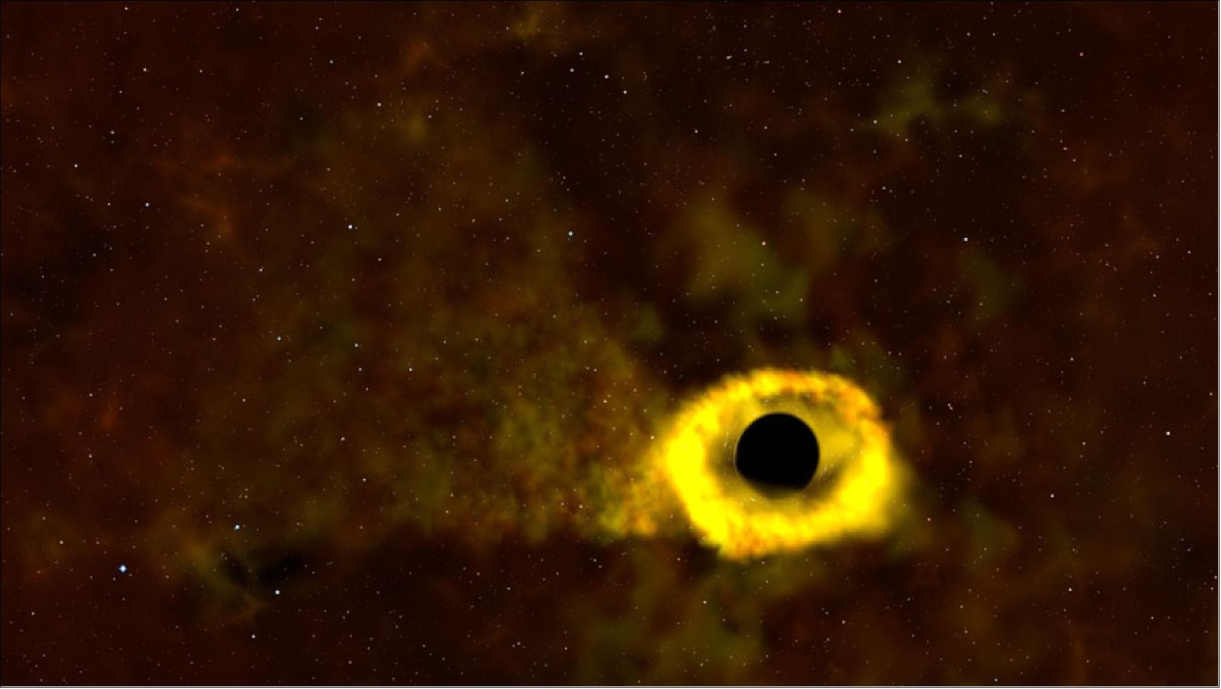 Figure 49: This illustration shows a tidal disruption, which occurs when a passing star gets too close to a black hole and is torn apart into a stream of gas. Some of the gas eventually settles into a structure around the black hole called an accretion disk (image credit: NASA's Goddard Space Flight Center)