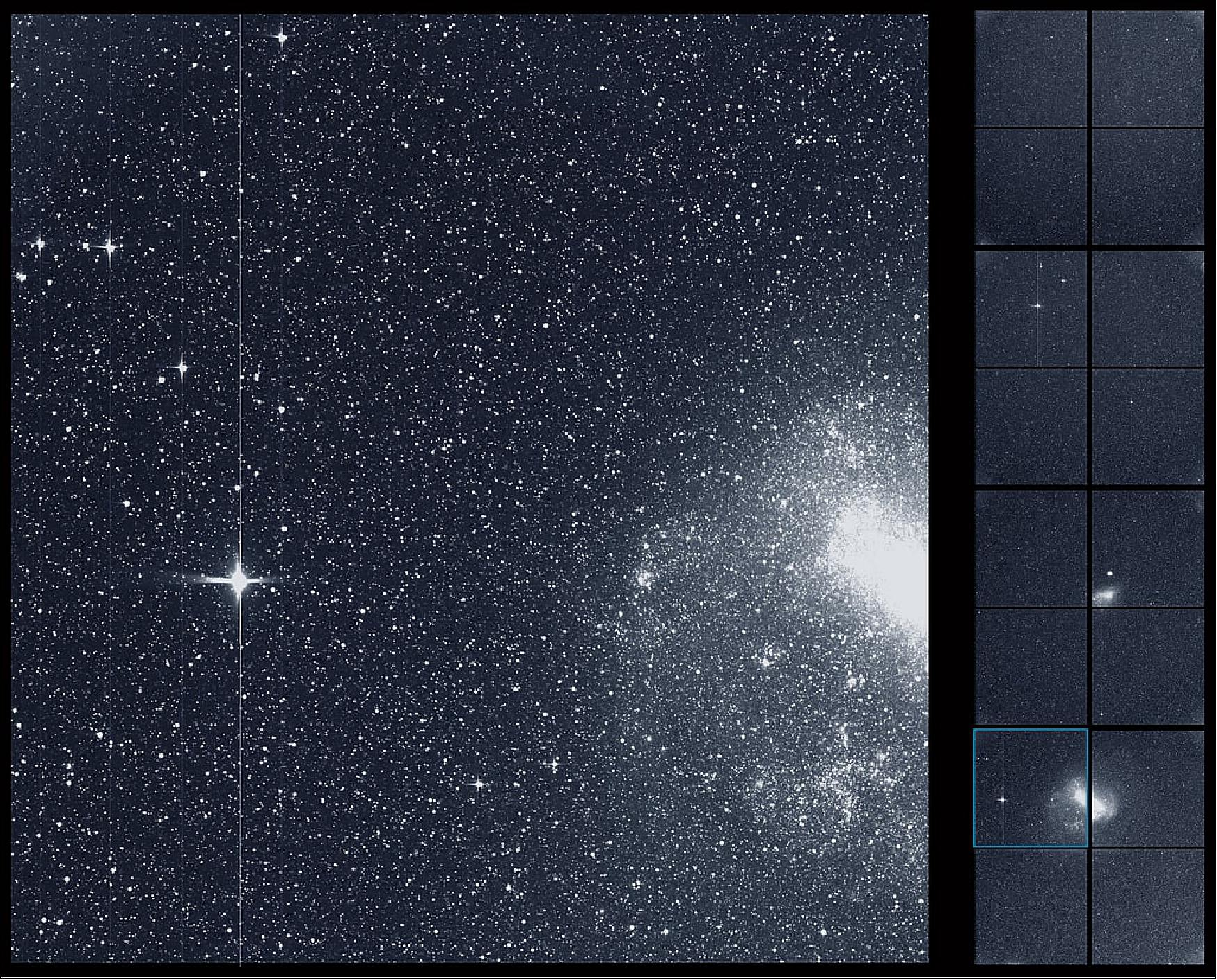 Figure 59: TESS took this snapshot of the Large Magellanic Cloud (right) and the bright star R Doradus (left) with just a single detector of one of its cameras on 7 Aug. 2018. The frame is part of a swath of the southern sky TESS captured in its “first light” science image as part of its initial round of data collection (image credit: NASA/MIT/TESS)