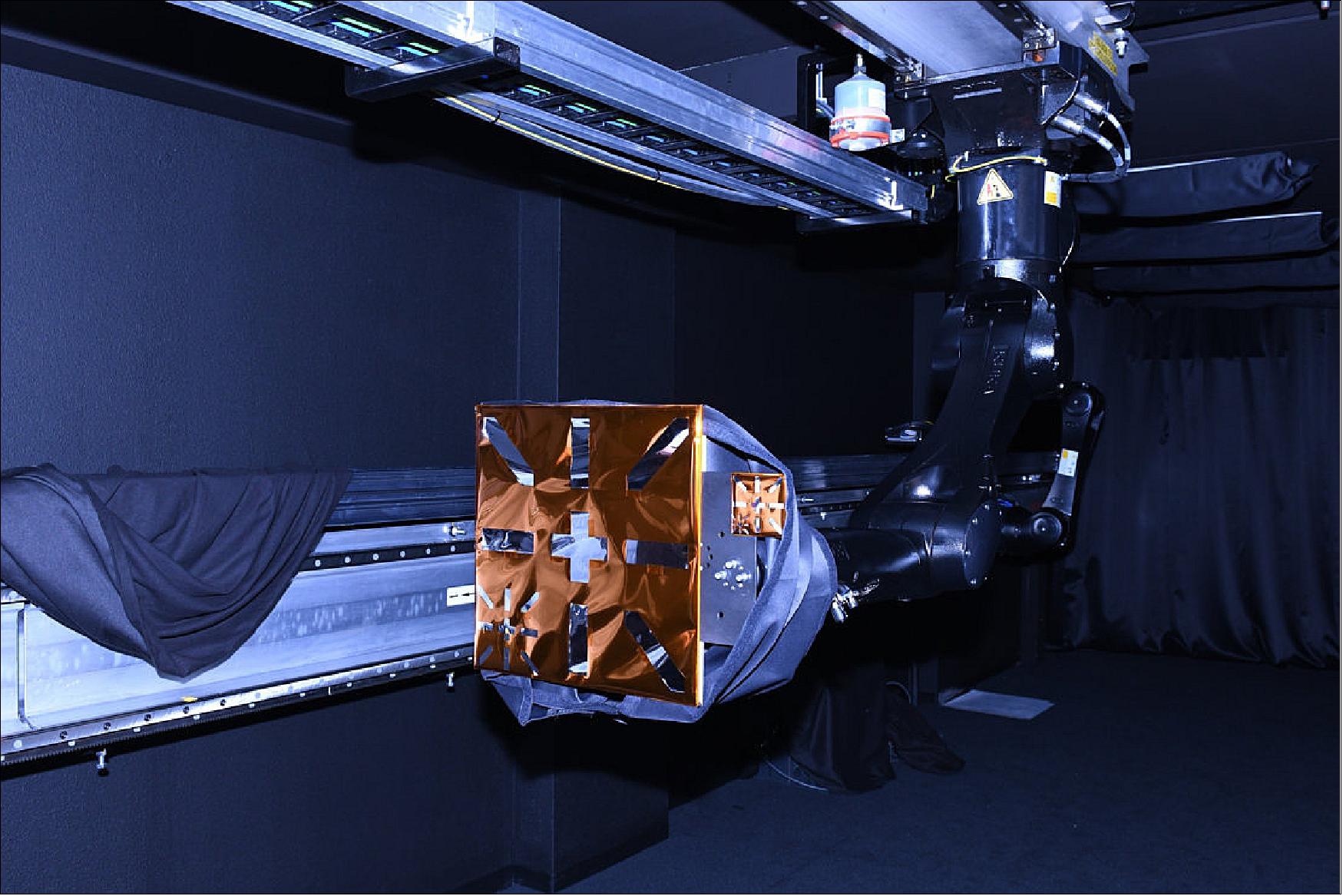 Figure 69: Initial testing of these ‘Passive Emitting Material at end-of-life’ or PEMSUN markers took place at the end of March 2019 inside ESA’s GNC Rendezvous, Approach and Landing Simulator, part of the Agency's Orbital Robotics and Guidance, Navigation and Control Laboratory, at its ESTEC technical center in Noordwijk, the Netherlands (image credit: ESA)