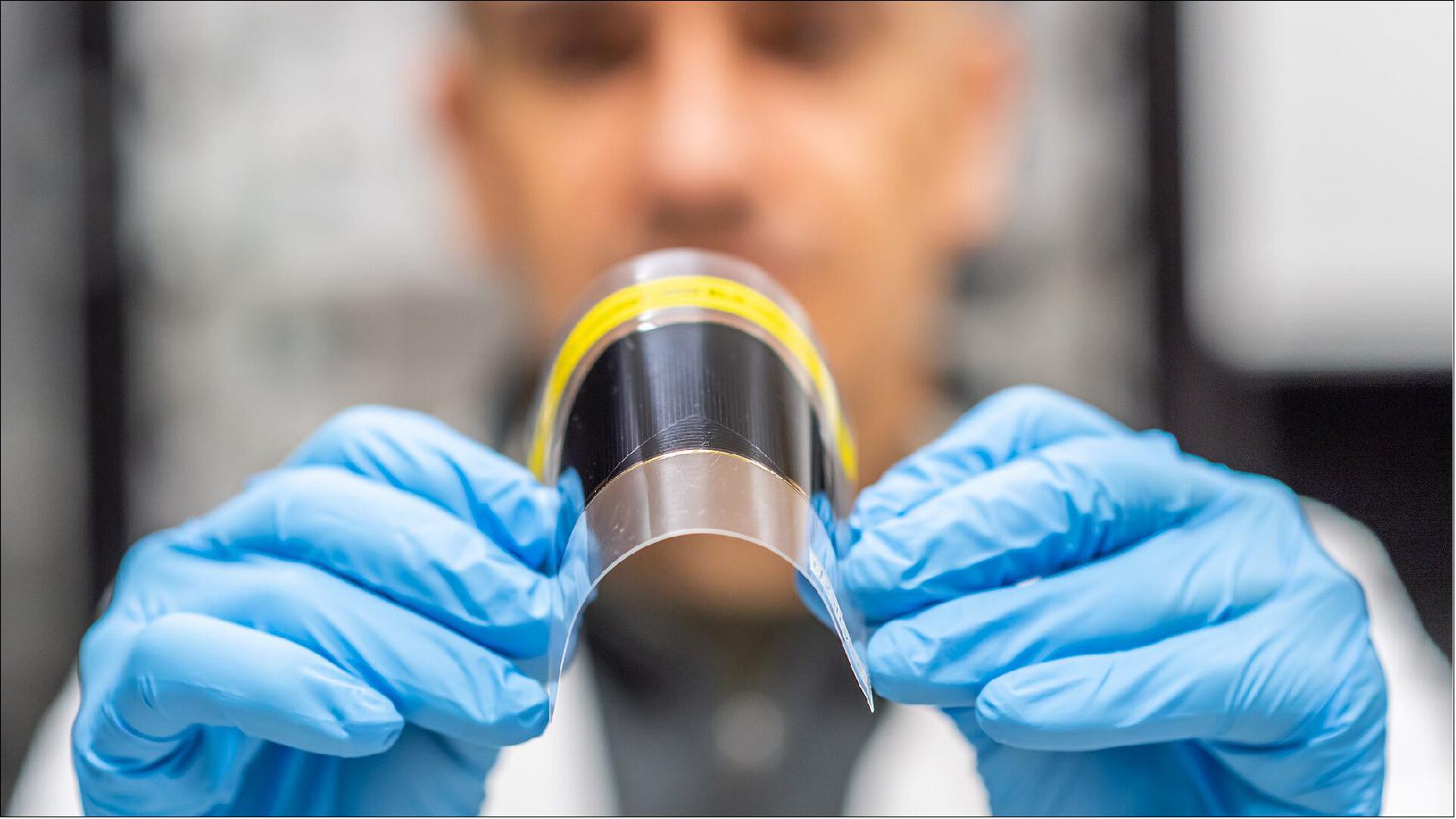Figure 35: Just about 0.02 mm thick – thinner than a human hair – the prototype solar cells were developed by Azur Space Solar Power in Germany and tf2 in the Netherlands; the cell seen here is from tf2. The project was backed through ESA’s Technology Development Element, investigating novel technologies for space (image credit: ESA–SJM Photography)