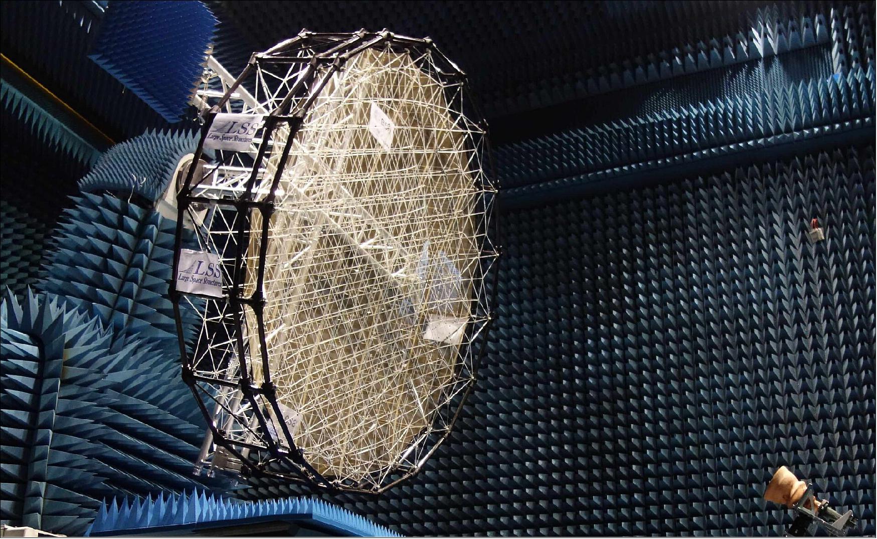 Figure 25: This prototype 2.6 m diameter metal-mesh antenna reflector represents a big step forward for the European space sector: versions can be manufactured to reproduce any surface pattern that antenna designers wish, something that was previously possible only with traditional solid antennas (image credit: Leri Datashvili/Large Space Structures GmbH)