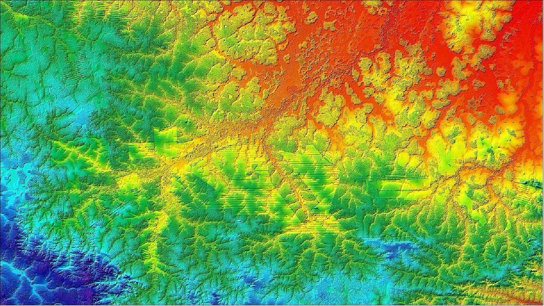 Figure 22: TSX/TDX image of rainforest clearing in Bolivia: At first glance, nature seems untouched - forest areas crossed by rivers and small mountain chains, Upon close inspection, one can see strip-like structure - wetland surfaces cleared for plantations (image credit: DLR, Ref. 31)