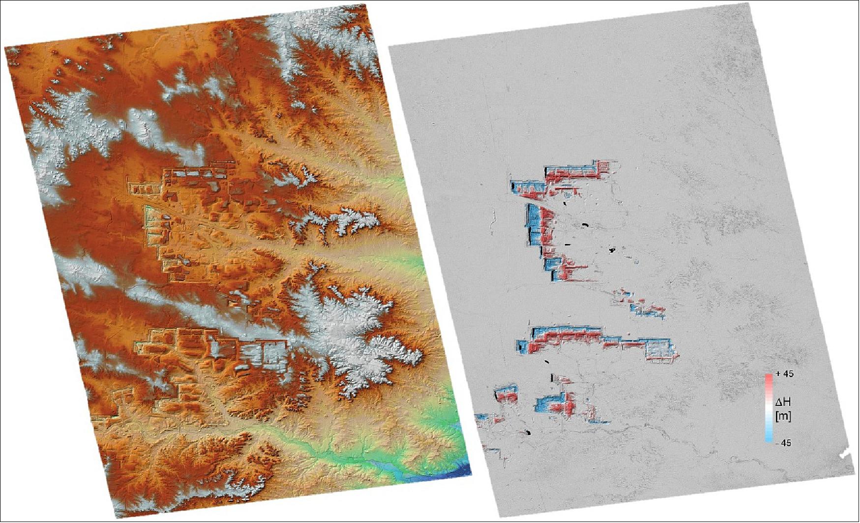 Figure 14: TanDEM-X Raw-DEM of an open pit mining in Wyoming, USA (left) and a three-dimensional change map with 6 m x 6 m resolution from 2016 (right), image credit: DLR