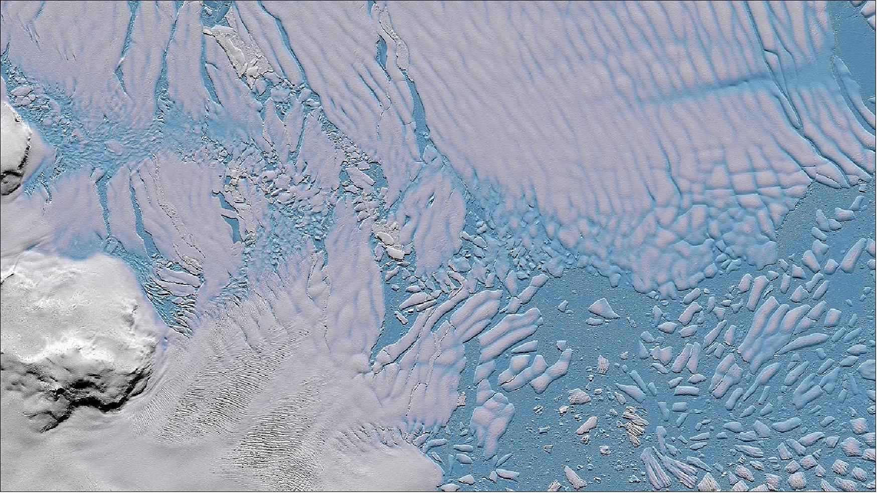 Figure 11: TanDEM-X elevation model -brittle ice shelf of the Thwaites Glacier. For the first time, TanDEM-X elevation models and data from the latest generation of radar satellites enable detailed observation of glacier changes (image credit: DLR, NASA)
