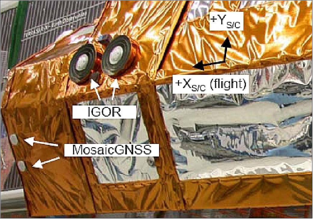 Figure 64: Accommodation of MosaicGNSS and IGOR antennas on the TerraSAR-X spacecraft (image credit: DLR)