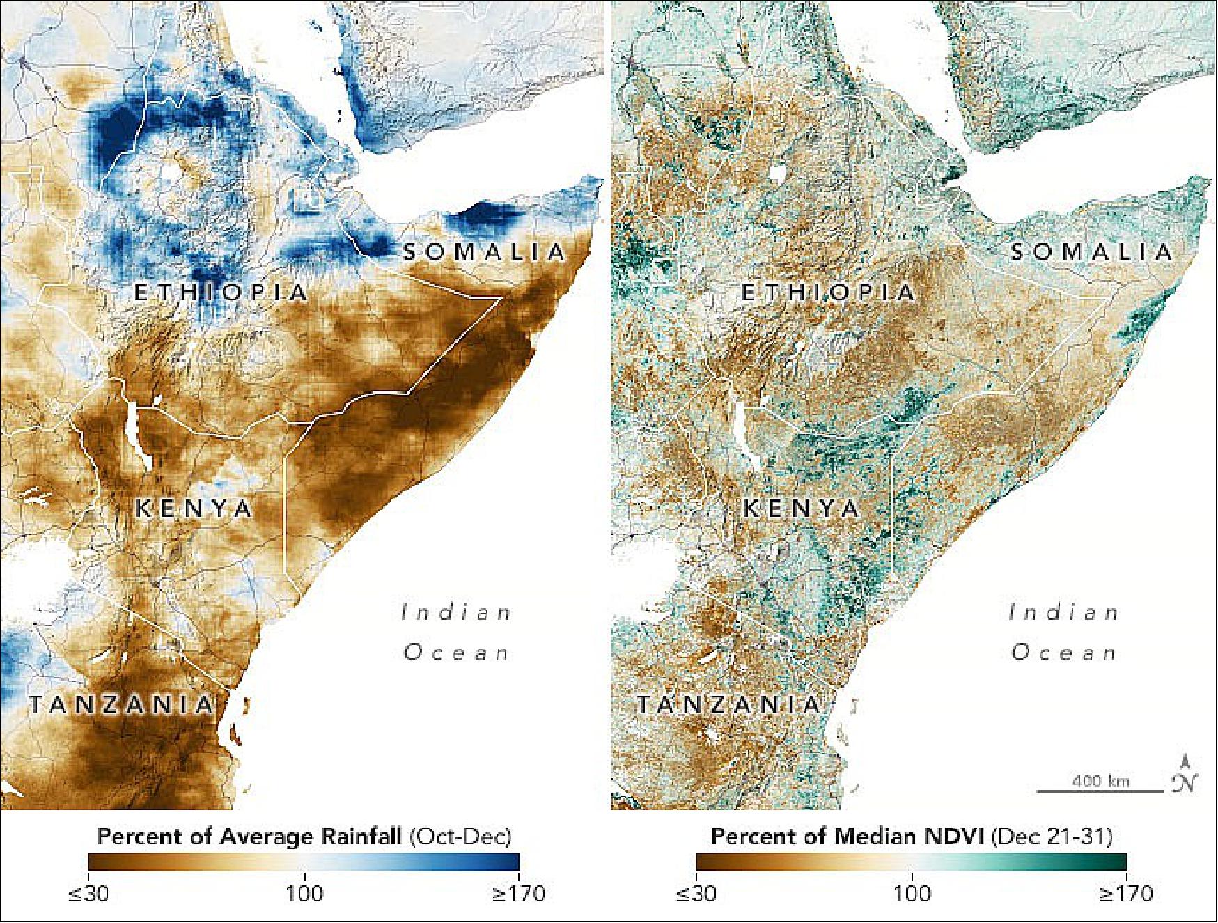 Figure 36: The map at the right shows anomalies in the Normalized Difference Vegetation Index (NDVI), a satellite-derived product used to assess crop conditions. NDVI measures the health, or “greenness,” of vegetation based on how much red and near-infrared light the leaves reflect. Healthy vegetation reflects more infrared light and less visible light than stressed vegetation. The map compares NDVI from December 2021 with the long-term average from 2000 to 2013. The data come from the Moderate Resolution Imaging Spectroradiometer (MODIS) on NASA’s Terra satellite and the analysis comes from the USGS FEWS NET Data Portal [image credit: NASA Earth Observatory images by Joshua Stevens, using data from the Climate Hazards Center, the Famine Early Warning System Network (FEWS Net), and modified Copernicus Sentinel data (2021) processed by the European Space Agency courtesy of Josh Willis/NASA/JPL-Caltech. Story by Michael Carlowicz)]