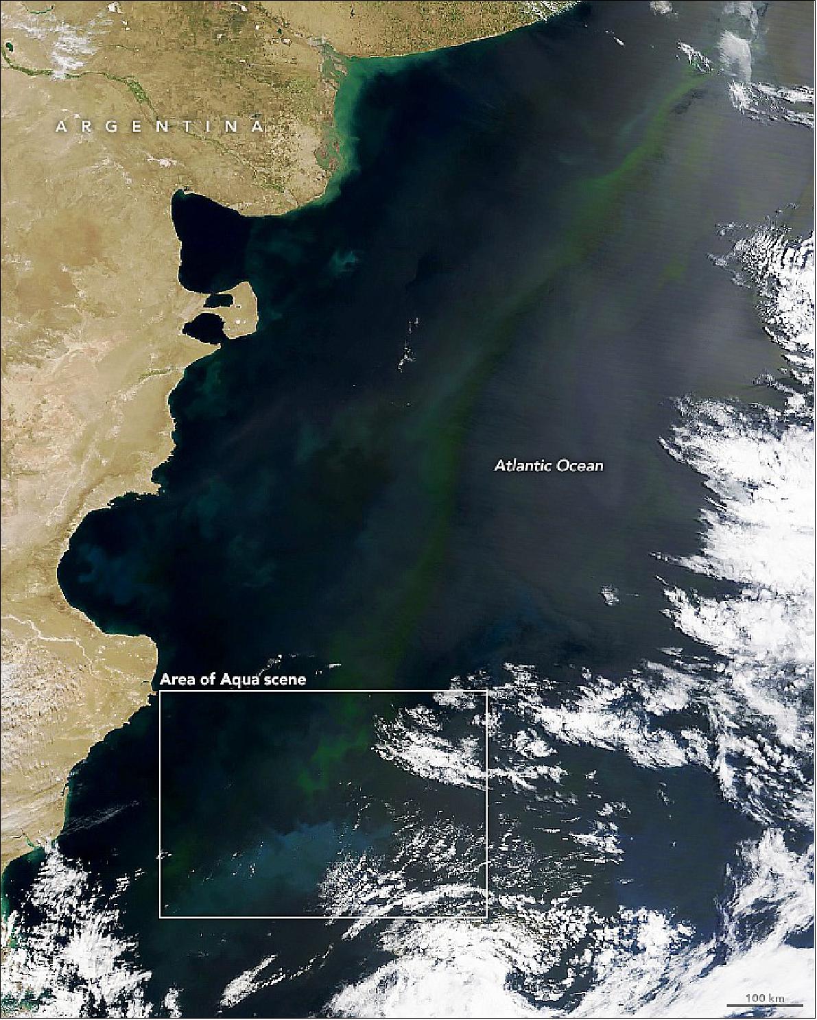 Figure 33: In January 2022, the Atlantic Ocean off of South America was teeming with phytoplankton, as it does most austral summers. On January 24, the MODIS instrument on NASA’s Terra satellite acquired a natural-color image of blooms stretching across hundreds of kilometers (image credit: NASA Earth Observatory images by Lauren Dauphin, using MODIS data from NASA EOSDIS LANCE and GIBS/Worldview. Story by Michael Carlowicz)