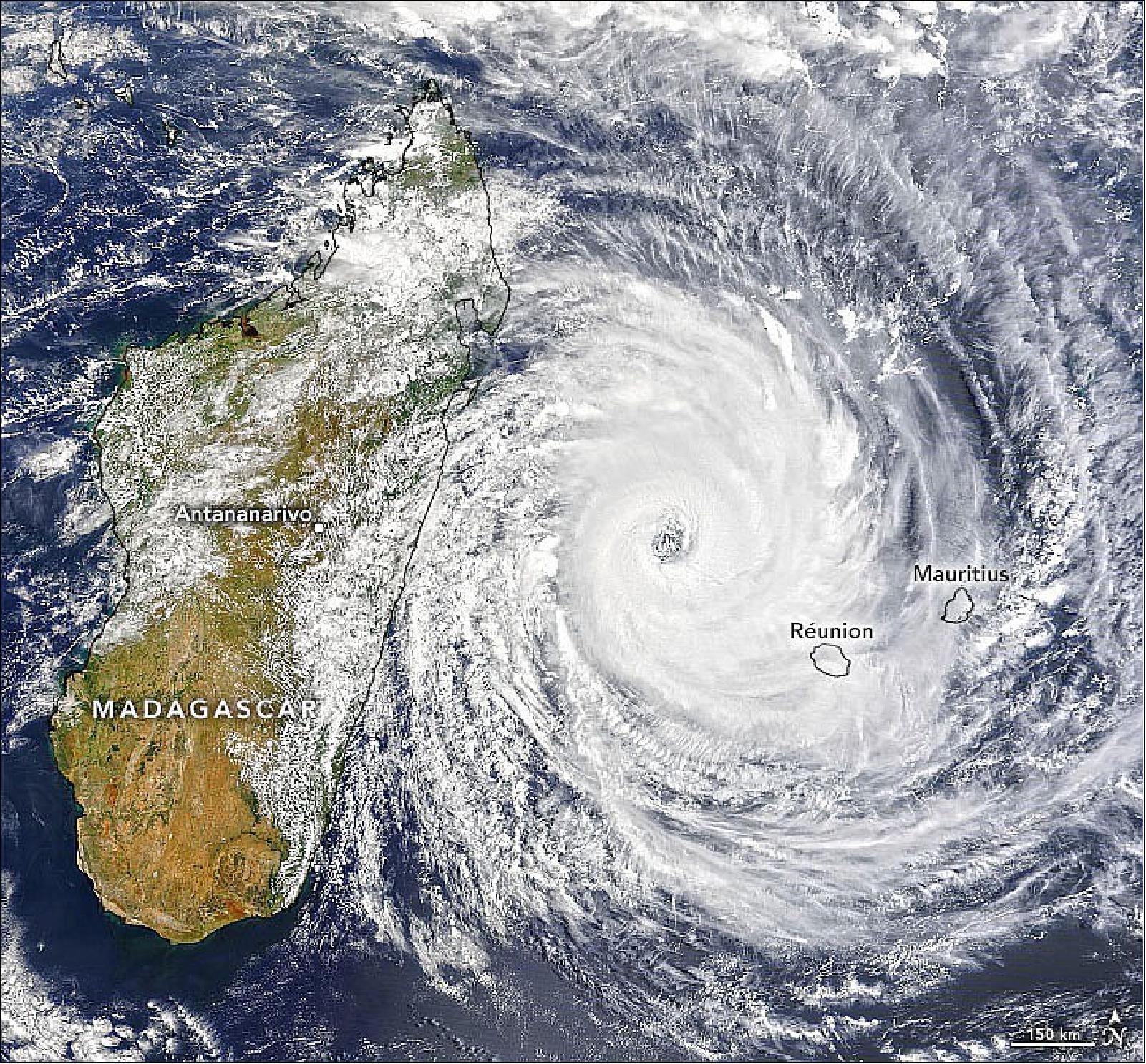 Figure 29: The MODIS instrument on NASA’s Terra satellite acquired a natural-color image of Cyclone Batsirai in the late morning on February 4, 2022. Around that time, Batsirai had sustained winds of 210 kilometers (130 miles) per hour, a category 4 storm. The storm brushed by Mauritius and Réunion, with strong winds in the outer bands of the storm knocking out electricity in some places (image credit: NASA Earth Observatory images by Joshua Stevens, using MODIS data from NASA EOSDIS LANCE and GIBS/Worldview and GEOS-5 data from the Global Modeling and Assimilation Office at NASA GSFC. Story by Michael Carlowicz)