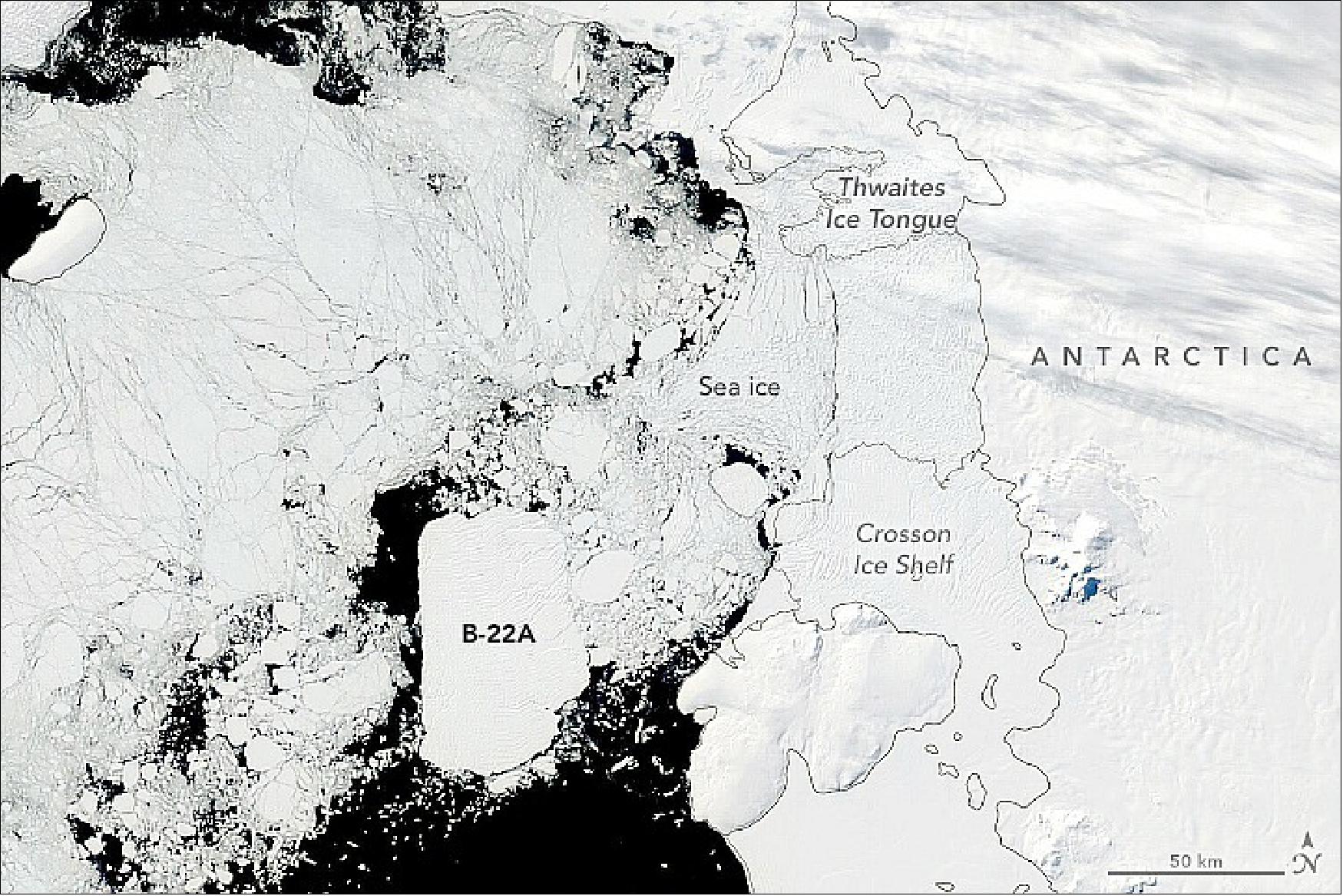 Figure 28: Terra image of B-22A on 2 February 2022. In the span of 20 years, Iceberg B-22A has strayed just 100 km from its birthplace at Thwaites Glacier (image credit: NASA Earth Observatory)