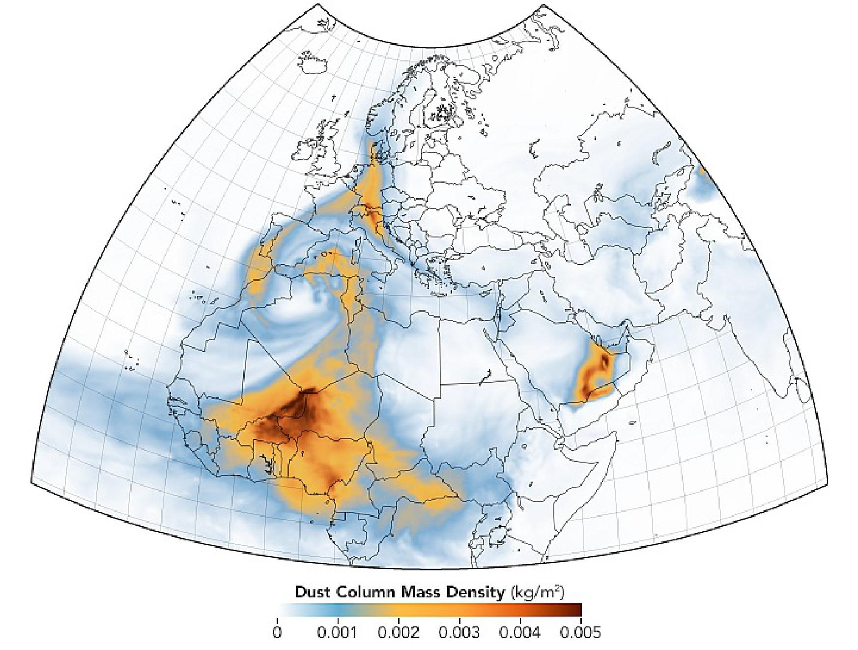 Figure 25: Long-lasting, icy cirrus clouds filled with Saharan dust covered many parts of the continent in March. The map shows a model of the dust movement on March 17 based on the Goddard Earth Observing System Model, Version 5 (GEOS-5), image credit: NASA Earth Observatory (image credit: NASA Earth Observatory)