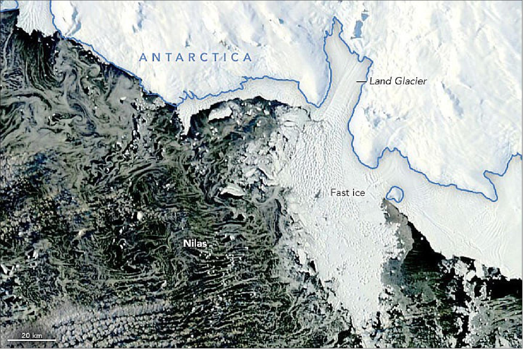 Figure 23: MODIS image on NASA's Aqua satellite observed on 23 March 2022. In March 2022, old sea ice crumbled away as new ice formed off the coast of Antarctica’s Marie Byrd Land (image credit: NASA Earth Observatory)