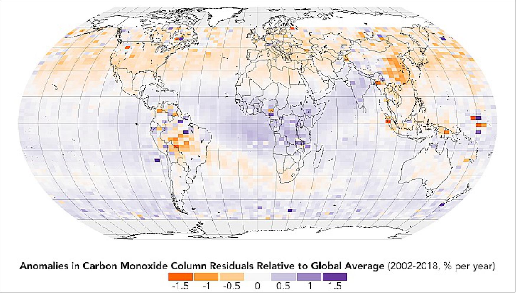Figure 18: This image shows the residual trends—where carbon monoxide concentrations are decreasing faster (orange) or slower (blue) than the global average since 2002. “Eastern China has seen carbon monoxide concentrations drop faster than anywhere else in the world, a decline of about 1 percent per year,” explained Helen Worden, the U.S. principal investigator for MOPITT. “That’s largely due to a shift from people burning coal in their homes to using natural gas or electricity coming from power plants that produce other pollutants, but not very much carbon monoxide.” (image credit: NASA Earth Observatory)