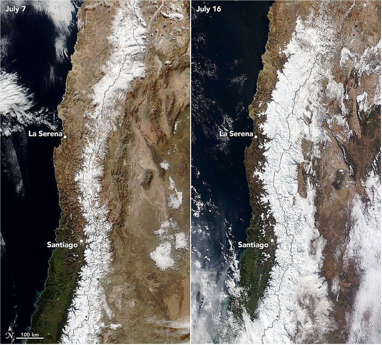 Figure 9: Back-to-back weather systems in July 2022 eased rainfall deficits in central Chile and added to the snowpack atop the mountain range. “Until 10 days ago, north-central Chile was experiencing one of its driest winters,” said René Garreaud, a scientist at the University of Chile. The change from dry to wet was swift and visibly striking. The Visible Infrared Imaging Radiometer Suite (VIIRS) on the NOAA-20 satellite acquired a view of the same area on July 7 (left), just prior to the storms. Notice the relatively sparse snow cover compared with the July 16 image (right) acquired after the storms (image credit: NASA Earth Observatory)