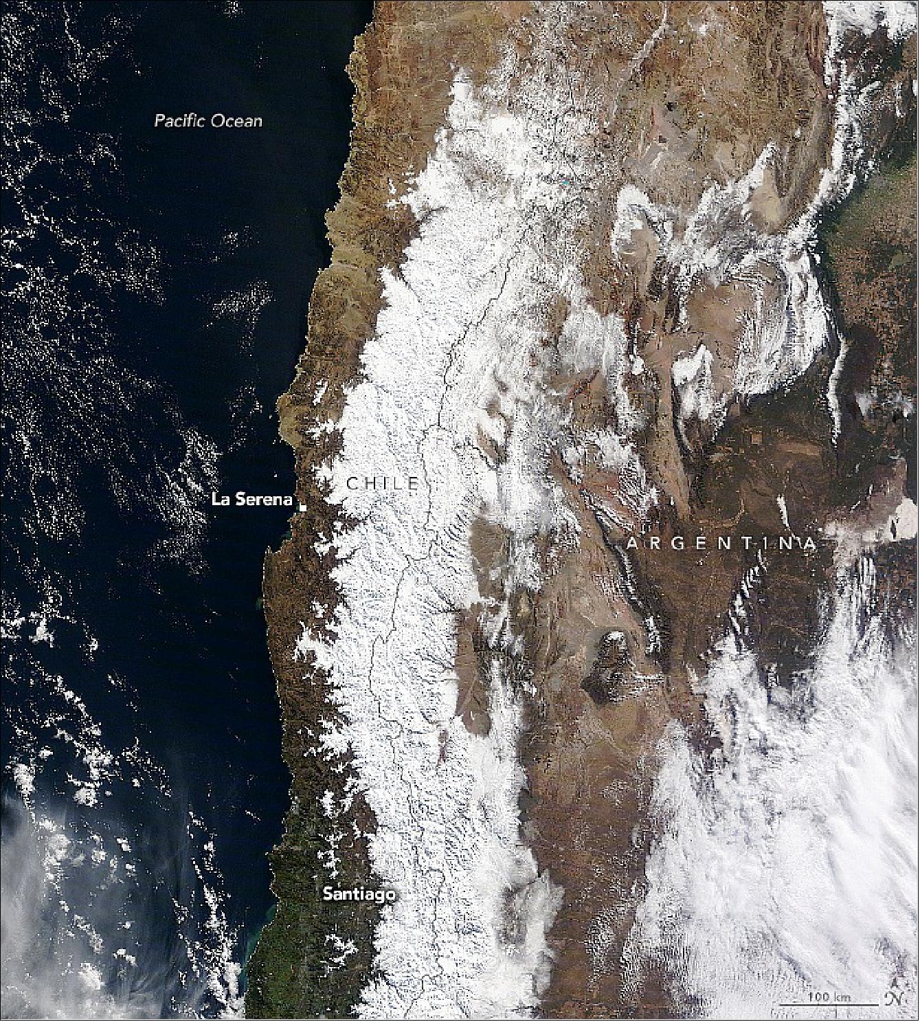 Figure 8: The blanket of fresh snow along the mountain range between Chile and Argentina is visible in the image above, acquired on July 16 by the MODIS instrument on NASA’s Terra satellite. Heavy rain and snow fell in the area despite La Niña conditions offshore in the Pacific that typically bring dry winters. The precipitation brought at least some temporary relief to an area suffering a decade-long drought (image credit: NASA Earth Observatory images by Joshua Stevens, using Landsat data from the U.S. Geological Survey and data from the Level-1 and Atmosphere Archive & Distribution System (LAADS) and Land Atmosphere Near real-time Capability for EOS (LANCE). Story by Kathryn Hansen)