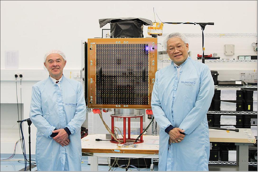 Figure 1: Professor Sir Martin Sweeting (Left) and His Excellency Mr. Pisanu Suvanajata (Right) with the THEOS-2 SmallSAT, May 2022 (image credit SSTL)