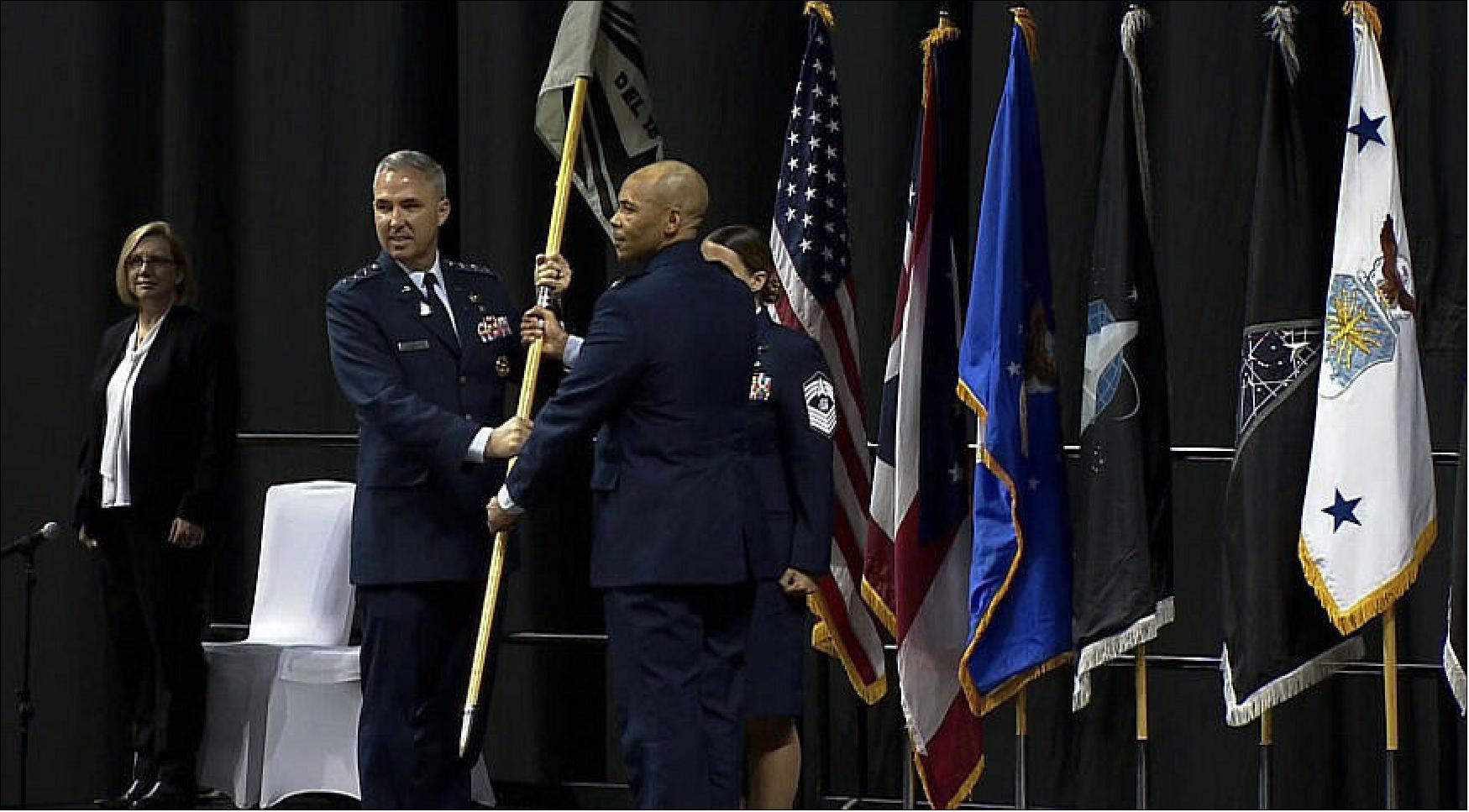 Figure 5: Lt. Gen. Stephen Whiting, commander of Space Operations Command (left) and Col. Marqus Randall, commander of Space Delta 18, establish the National Space Intelligence Center June 24, 2022, at a ceremony in Dayton, Ohio (image credit: U.S. Space Force)