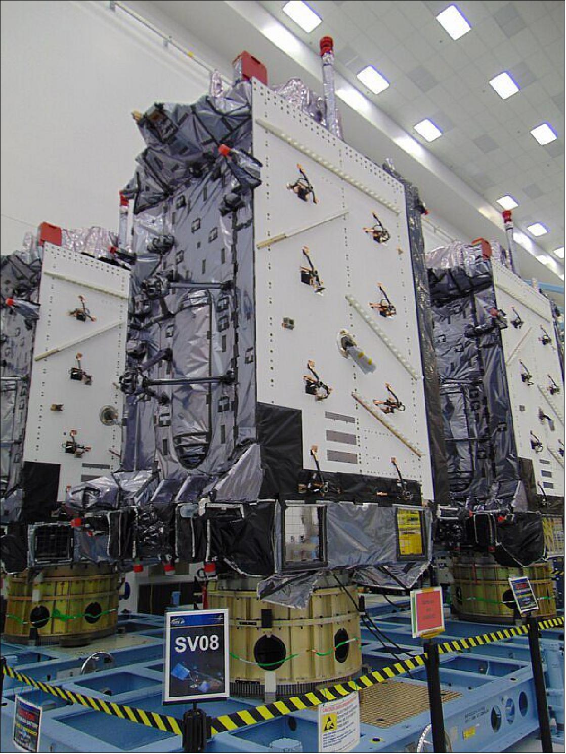 Figure 54: Photo of the three recently completed GPS III satellites at the Lockheed Martin Facility (image credit: USSF SSC)