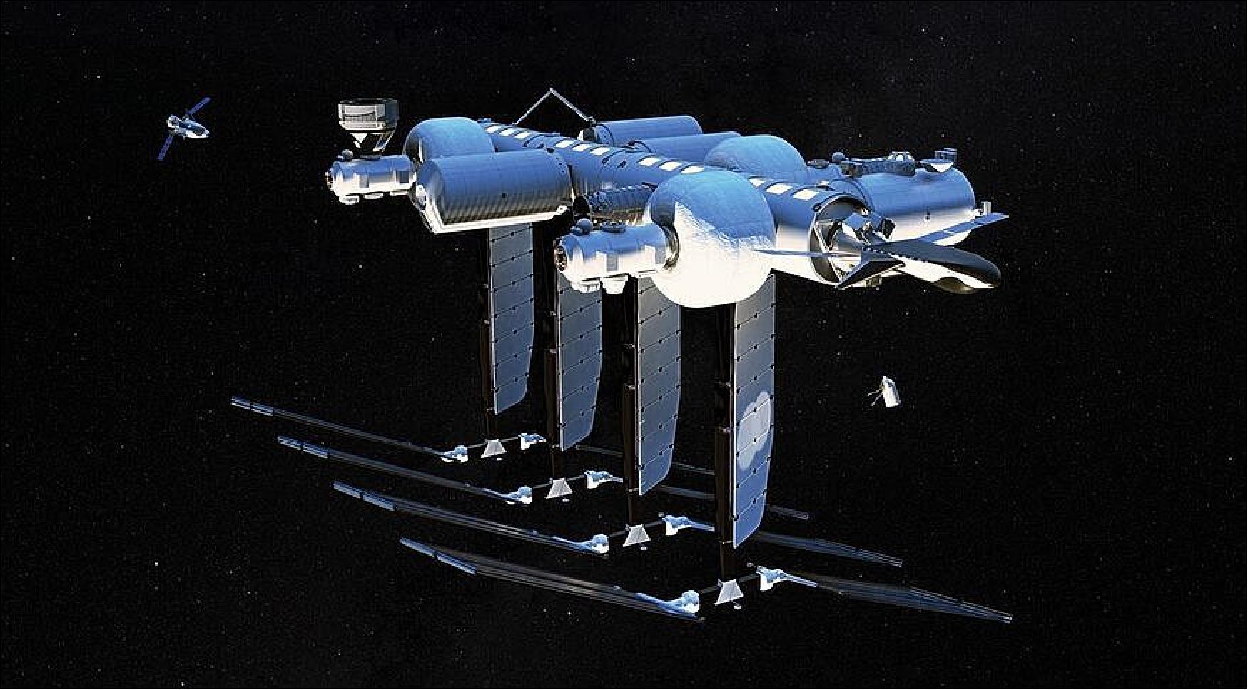 Figure 48: The proposed Orbital Reef station can be expanded over time by adding more modules, but initially will be about one-third the size depicted here (image credit: Blue Origin)