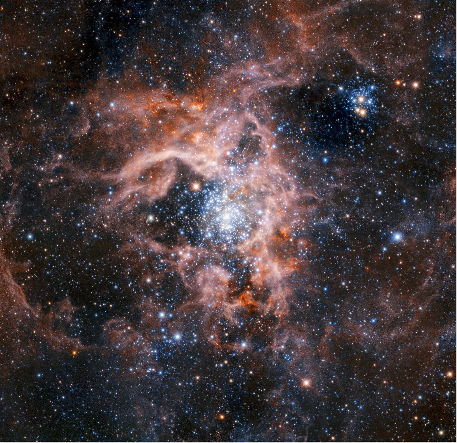 Figure 78: This image of the dramatic star formation region 30 Doradus, also known as the Tarantula Nebula, was created from a mosaic of images taken using the HAWK-I instrument working with the Adaptive optics Facility of ESO’s Very Large Telescope in Chile. The stars are significantly sharper than the same image without adaptive optics being used, and fainter stars can be seen (image credit: ESO) 118)