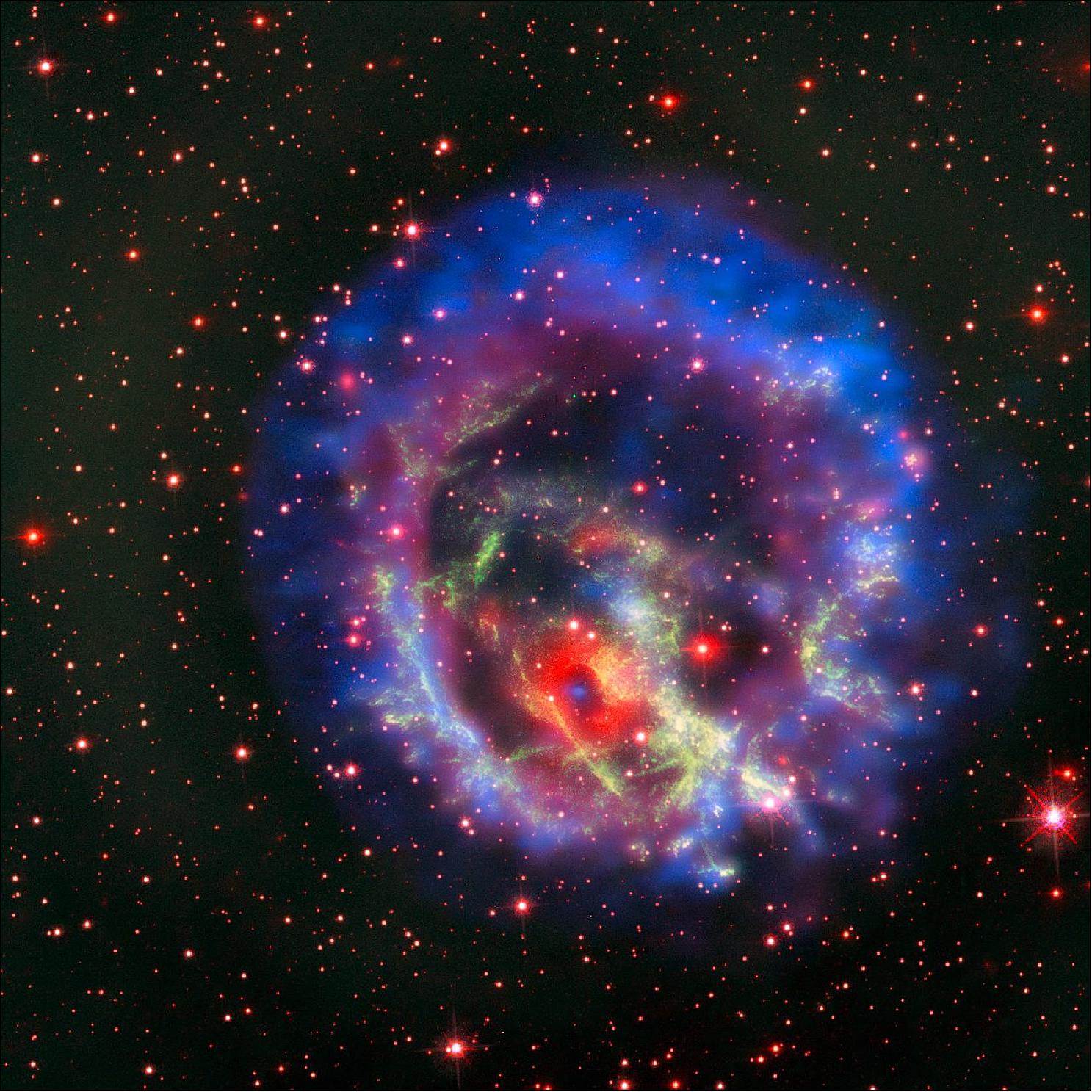 Figure 74: An isolated neutron star in the Small Magellanic Cloud. The image combines data from the MUSE instrument on ESO’s Very Large Telescope in Chile and the orbiting the NASA/ESA Hubble Space Telescope and NASA Chandra X-Ray Observatory (image credit: ESO)