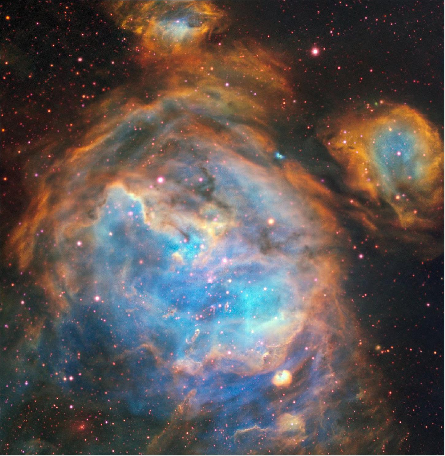 Figure 55: This dazzling region of newly-forming stars in the Large Magellanic Cloud (LMC) was captured by the MUSE (Multi Unit Spectroscopic Explorer) instrument on ESO’s Very Large Telescope. The relatively small amount of dust in the LMC and MUSE’s acute vision allowed intricate details of the region to be picked out in visible light (image credit: ESO, A McLeod, et al.)