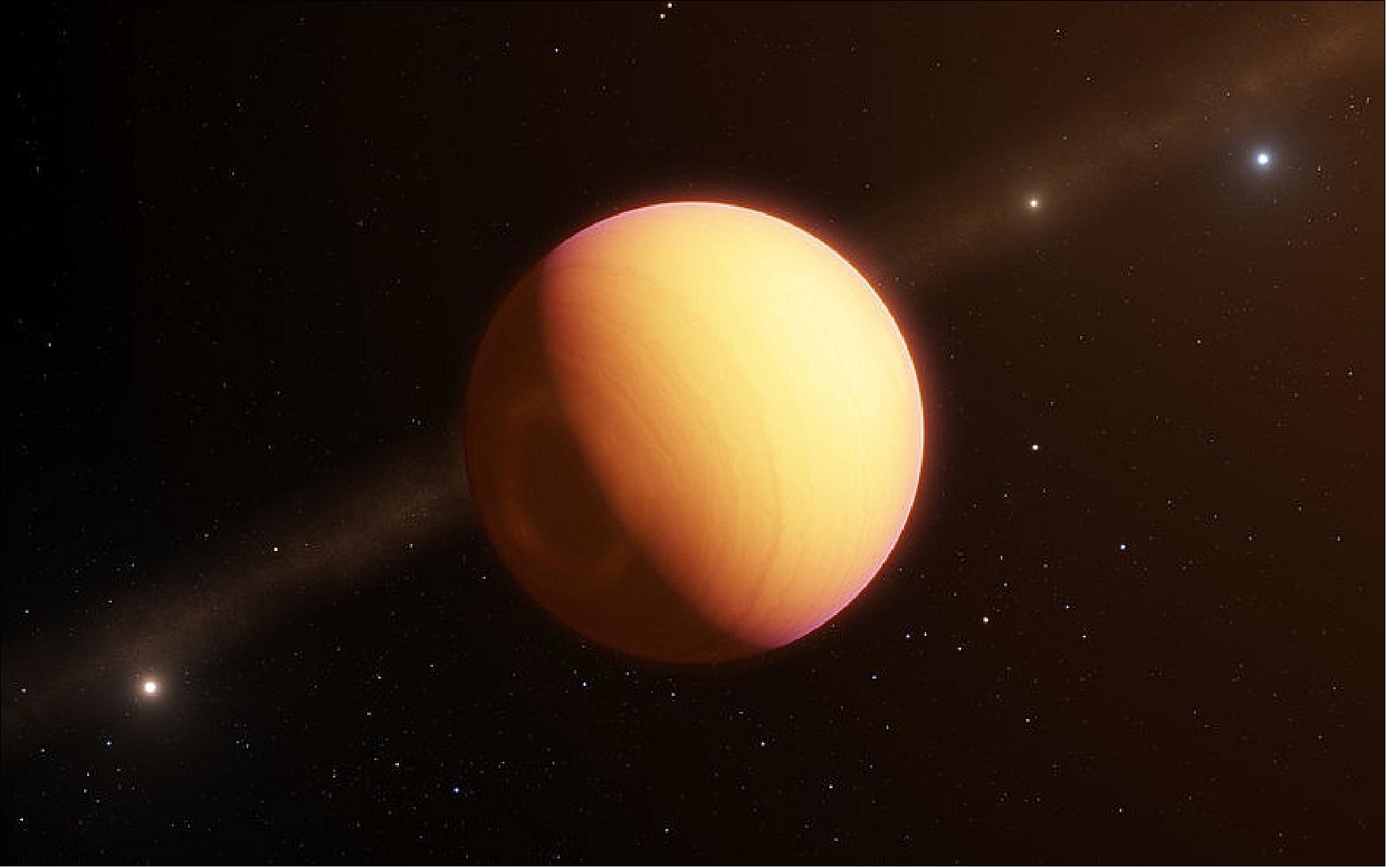 Figure 52: This artist’s impression shows the observed exoplanet, which goes by the name HR8799e. The GRAVITY instrument on ESO’s Very Large Telescope Interferometer (VLTI) has made the first direct observation of an exoplanet using optical interferometry. This method revealed a complex exoplanetary atmosphere with clouds of iron and silicates swirling in a planet-wide storm. The technique presents unique possibilities for characterizing many of the exoplanets known today. (image credit: ESO, Luis Calçada)