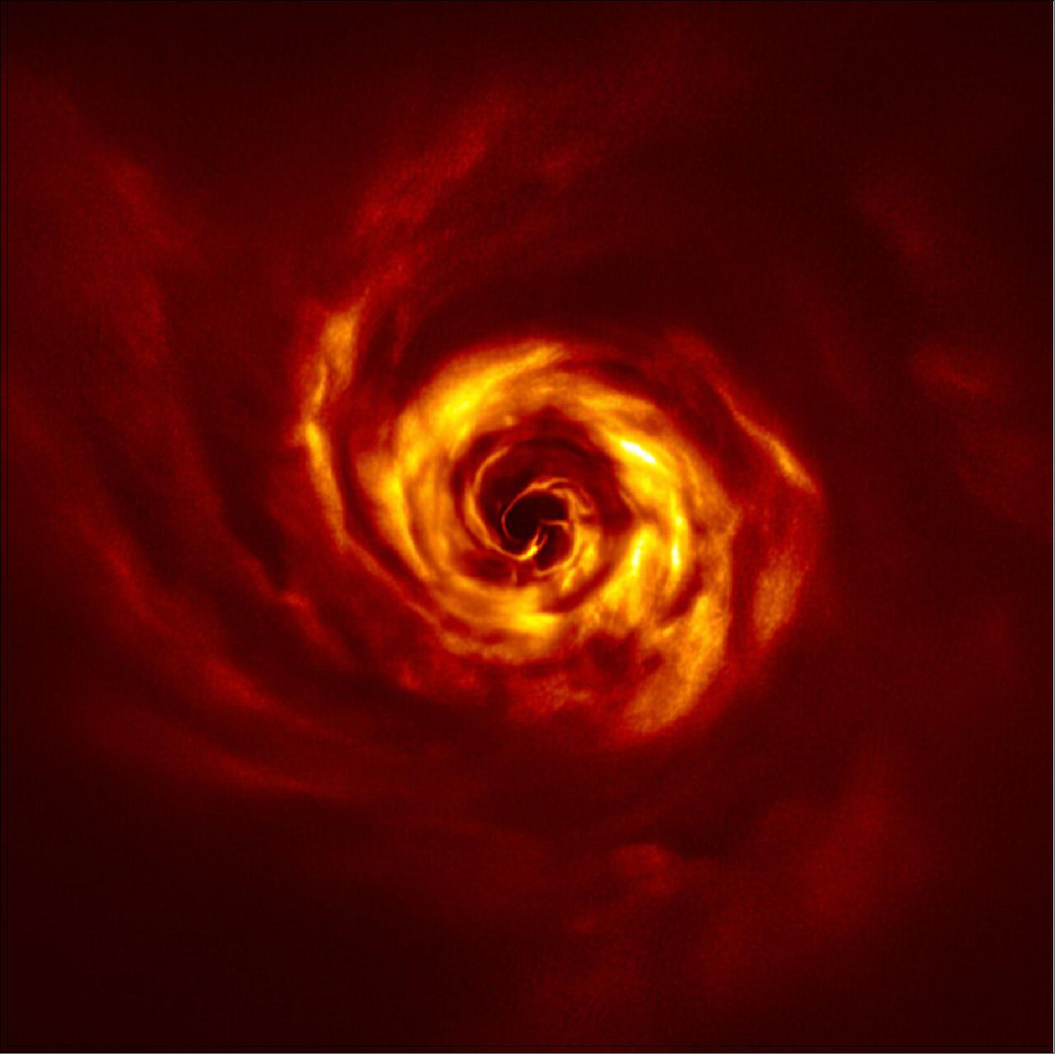 Figure 36: This image shows the disc around the young AB Aurigae star, where ESO’s Very Large Telescope (VLT) has spotted signs of planet birth. Close to the center of the image, in the inner region of the disc, we see the ‘twist’ (in very bright yellow) that scientists believe marks the spot where a planet is forming. This twist lies at about the same distance from the AB Aurigae star as Neptune from the Sun. The image was obtained with the VLT’s SPHERE instrument in polarized light (image credit: ESO/Boccaletti et al.)