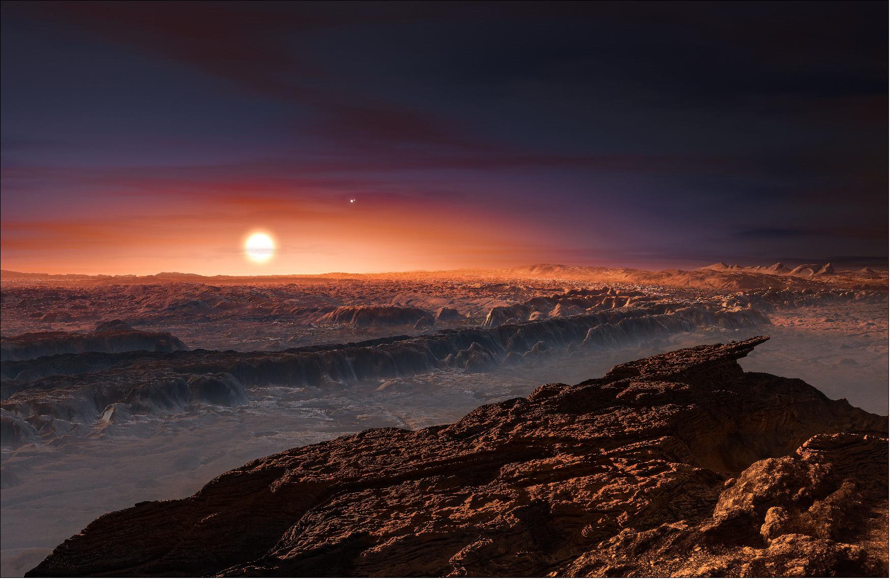 Figure 35: This artist’s impression shows a view of the surface of the planet Proxima b orbiting the red dwarf star Proxima Centauri, the closest star to the Solar System (image credit: ESO, M. Kornmesser)