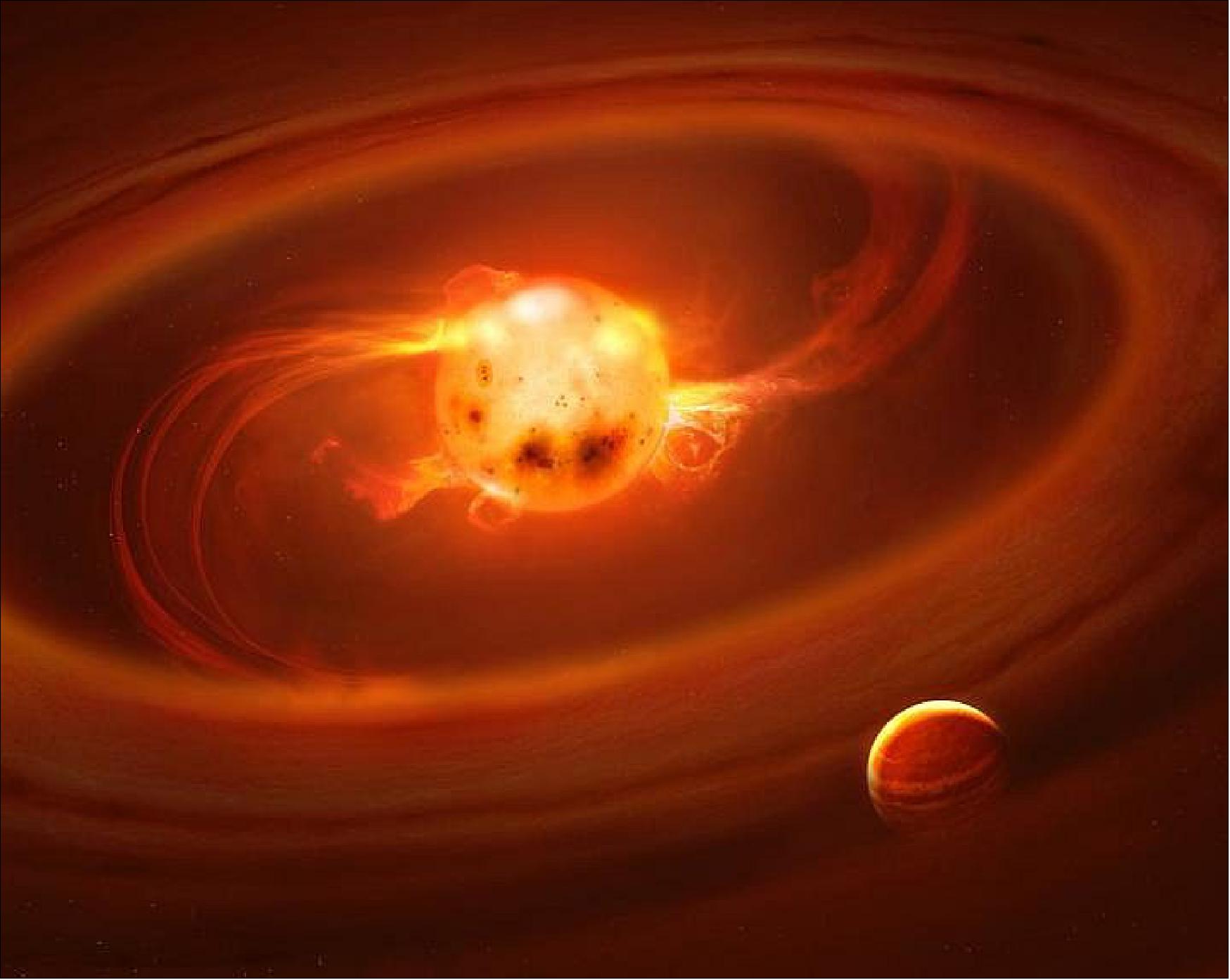 Figure 31: Artist's Impression of the Streams of Hot Gas that Build up Stars. Matter from the surrounding protoplanetary disk, the birthplace of planets, is channeled onto the stellar surface by magnetic fields shocking the surface at supersonic velocity (image credit: University of Cologne, Mark A. Garlick)