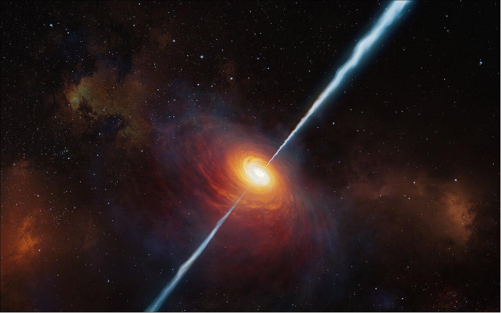Figure 24: This artist’s impression shows how the distant quasar P172+18 and its radio jets may have looked. To date (early 2021), this is the most distant quasar with radio jets ever found and it was studied with the help of ESO’s Very Large Telescope. It is so distant that light from it has travelled for about 13 billion years to reach us: we see it as it was when the Universe was only about 780 million years old (image credit: ESO, M. Kornmesser)