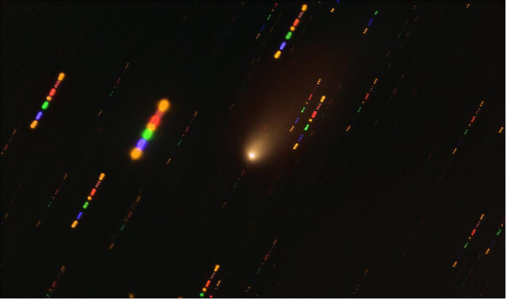 Figure 23: This image was taken with the FORS2 instrument on ESO’s VLT in late 2019, when comet 2I/Borisov passed near the Sun. Since the comet was travelling at breakneck speed, around 175,000 km/hr, the background stars appeared as streaks of light as the telescope followed the comet’s trajectory. The colors in these streaks give the image some disco flair and are the result of combining observations in different wavelength bands, highlighted by the various colors in this composite image (image credit: ESO, O. Hainaut)