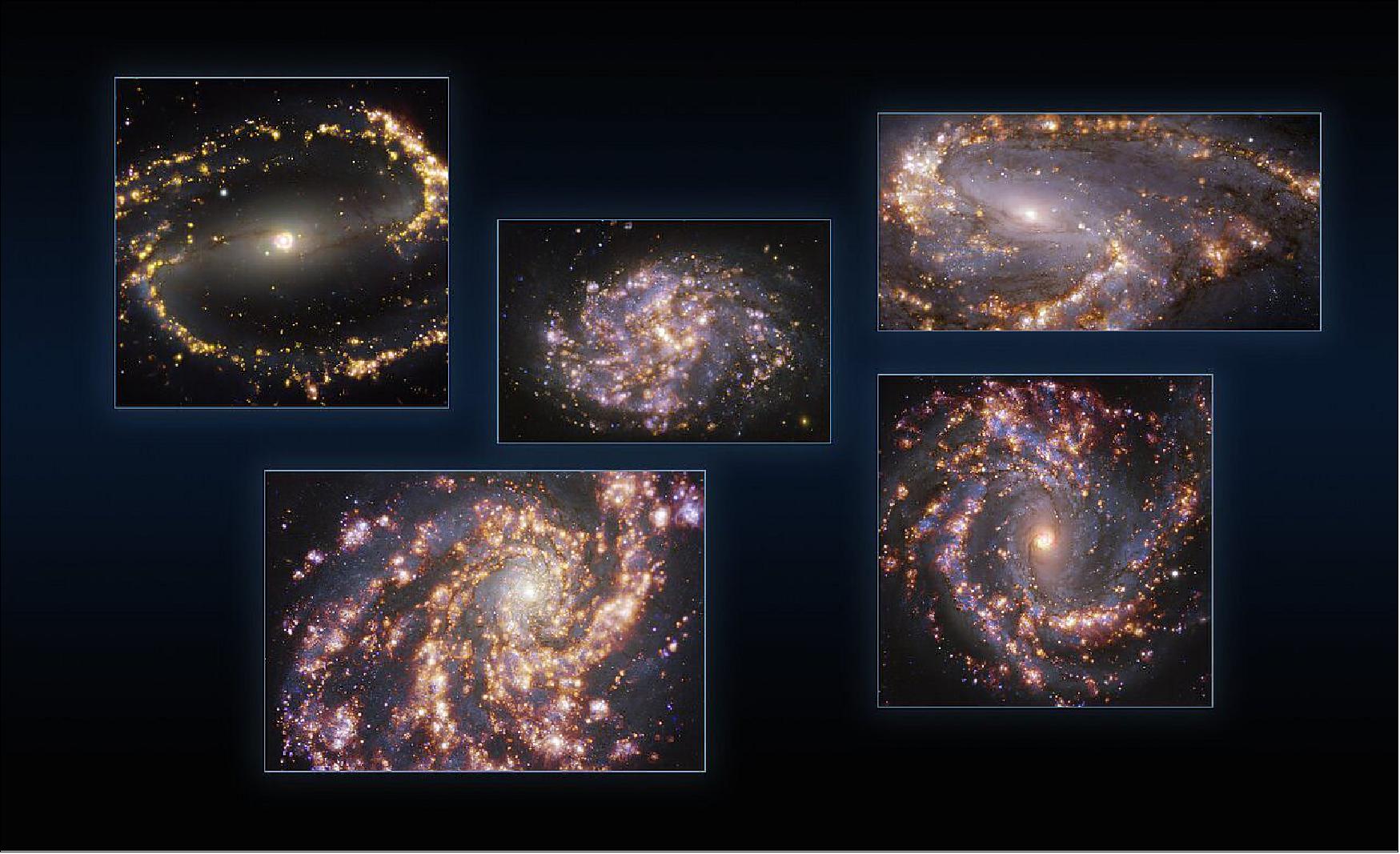 Figure 18: This image combines observations of the nearby galaxies NGC 1300, NGC 1087, NGC 3627 (top, from left to right), NGC 4254 and NGC 4303 (bottom, from left to right) taken with the Multi-Unit Spectroscopic Explorer (MUSE) on ESO’s Very Large Telescope (VLT). Each individual image is a combination of observations conducted at different wavelengths of light to map stellar populations and warm gas. The golden glows mainly correspond to clouds of ionized hydrogen, oxygen and sulphur gas, marking the presence of newly born stars, while the bluish regions in the background reveal the distribution of slightly older stars. -The images were taken as part of the Physics at High Angular resolution in Nearby GalaxieS (PHANGS) project, which is making high-resolution observations of nearby galaxies with telescopes operating across the electromagnetic spectrum (image credit: ESO/PHANGS)