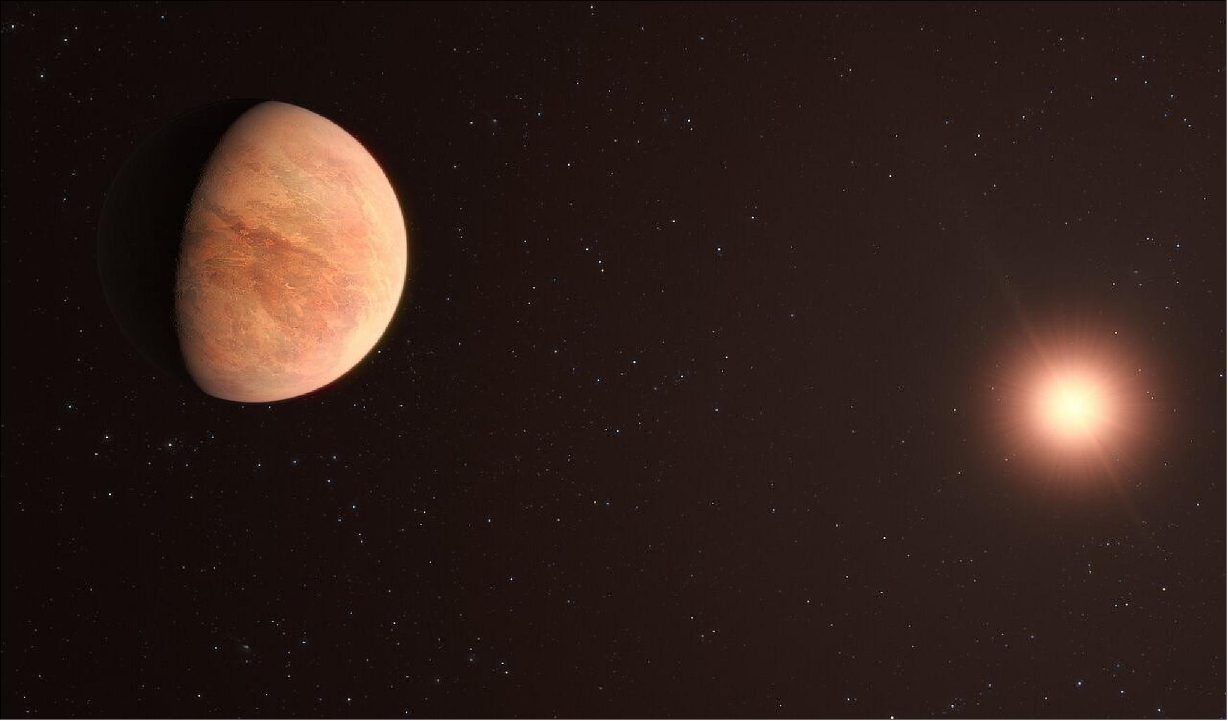 Figure 17: This artist’s impression shows L 98-59b, one of the planets in the L 98-59 system 35 light-years away. The system contains four confirmed rocky planets with a potential fifth, the furthest from the star, being unconfirmed. In 2021, astronomers used data from the Echelle SPectrograph for Rocky Exoplanets and Stable Spectroscopic Observations (ESPRESSO) instrument on ESO’s VLT to measure the mass of L 98-59b, finding it to be half that of Venus. This makes it the lightest planet measured to date using the radial velocity technique (image credit: ESO, M. Kornmesser)