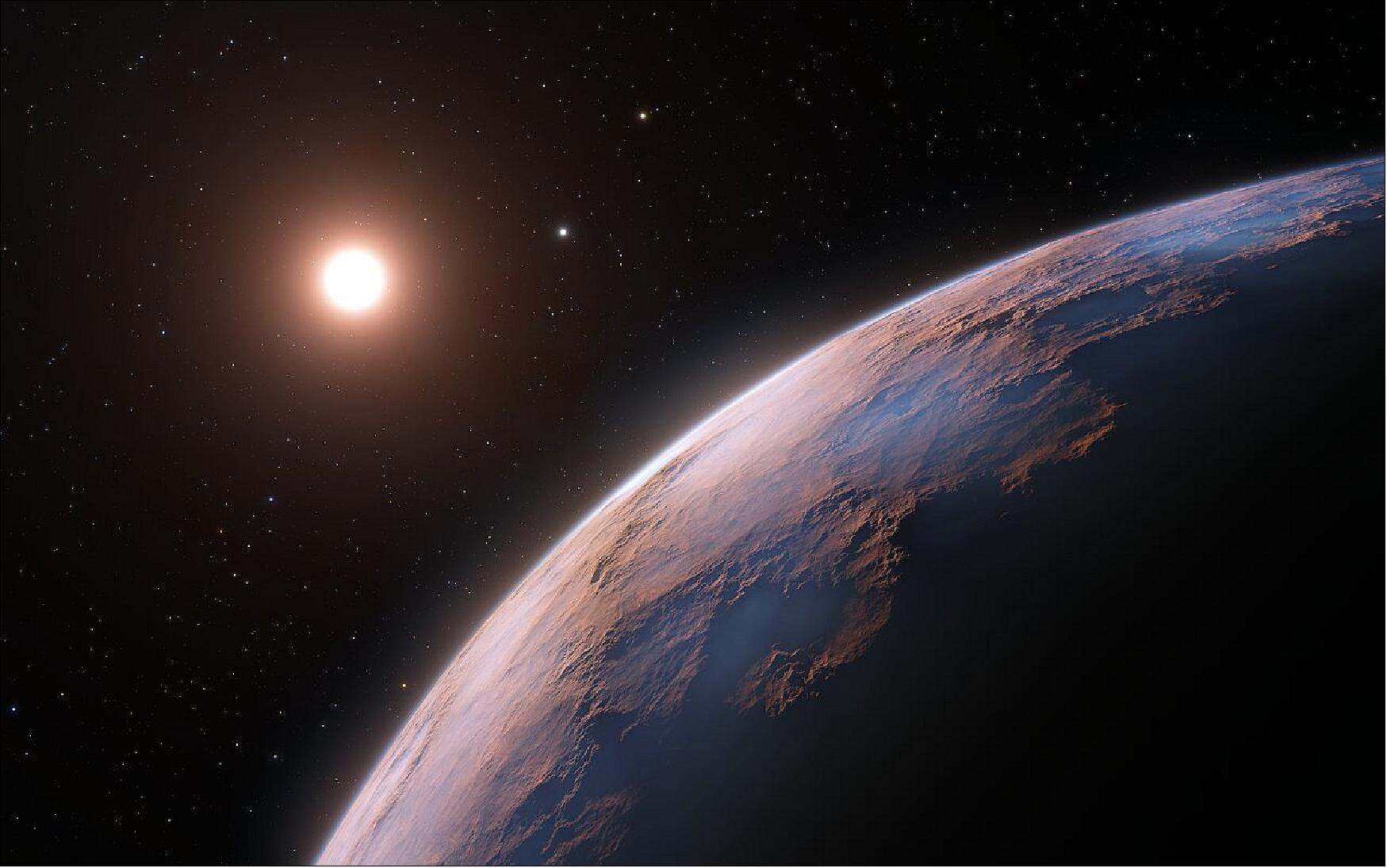 Figure 9: This artist’s impression shows a close-up view of Proxima d, a planet candidate recently found orbiting the red dwarf star Proxima Centauri, the closest star to the Solar System. The planet is believed to be rocky and to have a mass about a quarter that of Earth. Two other planets known to orbit Proxima Centauri are visible in the image too: Proxima b, a planet with about the same mass as Earth that orbits the star every 11 days and is within the habitable zone, and candidate Proxima c, which is on a longer five-year orbit around the star (image credit: ESO, L. Calçada)
