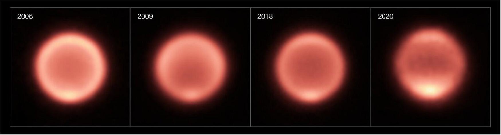 Figure 6: This composite shows thermal images of Neptune taken between 2006 and 2020. The first three images (2006, 2009, 2018) were taken with the VISIR instrument on ESO’s Very Large Telescope while the 2020 image was captured by the COMICS instrument on the Subaru Telescope (VISIR wasn’t in operation in mid-late 2020 because of the pandemic). After the planet’s gradual cooling, the south pole appears to have become dramatically warmer in the past few years, as shown by a bright spot at the bottom of Neptune in the images from 2018 and 2020 (image credit: ESO/M. Roman, NAOJ/Subaru/COMICS)