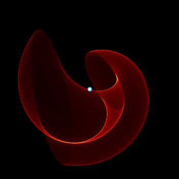 Figure 59: This animated gif is intended to illustrate the geometry of the structure that we have witnessed in the Apep system. From a single image, it is harder to understand the 3-D structure. The central binary (only: not the wider Northern companion in the triple) is illustrated as the blue star at the center. The geometry given is that believed typical for a Wolf-Rayet colliding pinwheel system: that is an optically thin dust plume distributed over the surface of a cone that is dictated by the colliding winds. The whole outflow structure is wrapped into a spiral by the orbital motion of the presumed central binary. Further the dust formation has a specific onset and cessation, which truncate the spiral at the outer and inner limits (for example, giving rise to the notable elliptical hole). Note this is a toy animation to illustrate a fly-around of the structure, and not a model fitted to the data that describes the dust flow process. The looping animation proceeds for about half an orbit (say roughly 60 years) with a pause at about the present epoch. Note that the motion we actually recorded with VISIR in the real data only spans 3 years (image credit: Peter Tuthill/University of Sydney/ESO)