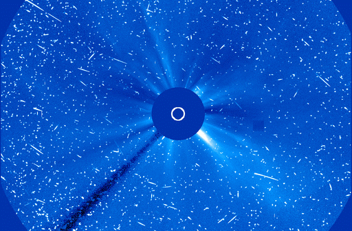 Figure 15: What looks like snow in some SOHO images of solar eruptions is actually associated with storms of charged particles triggering imager detectors (image credit: ESA/NASA/SOHO)
