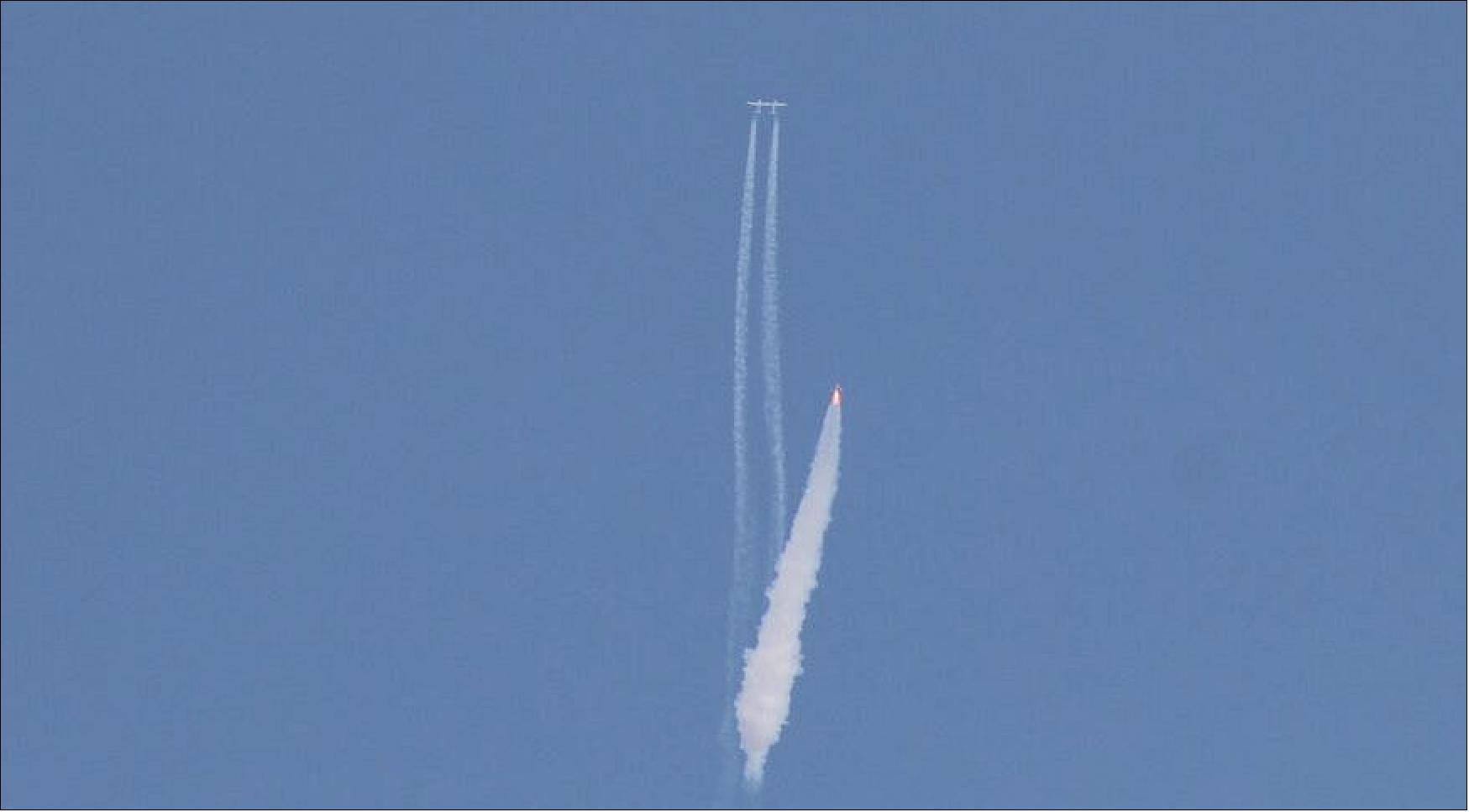 Figure 14: SpaceShipTwo ignites its rocket motor seconds after release from its WhiteKnightTwo carrier aircraft July 11 from Spaceport America, New Mexico (image credit: SpaceNews/Jeff Foust)