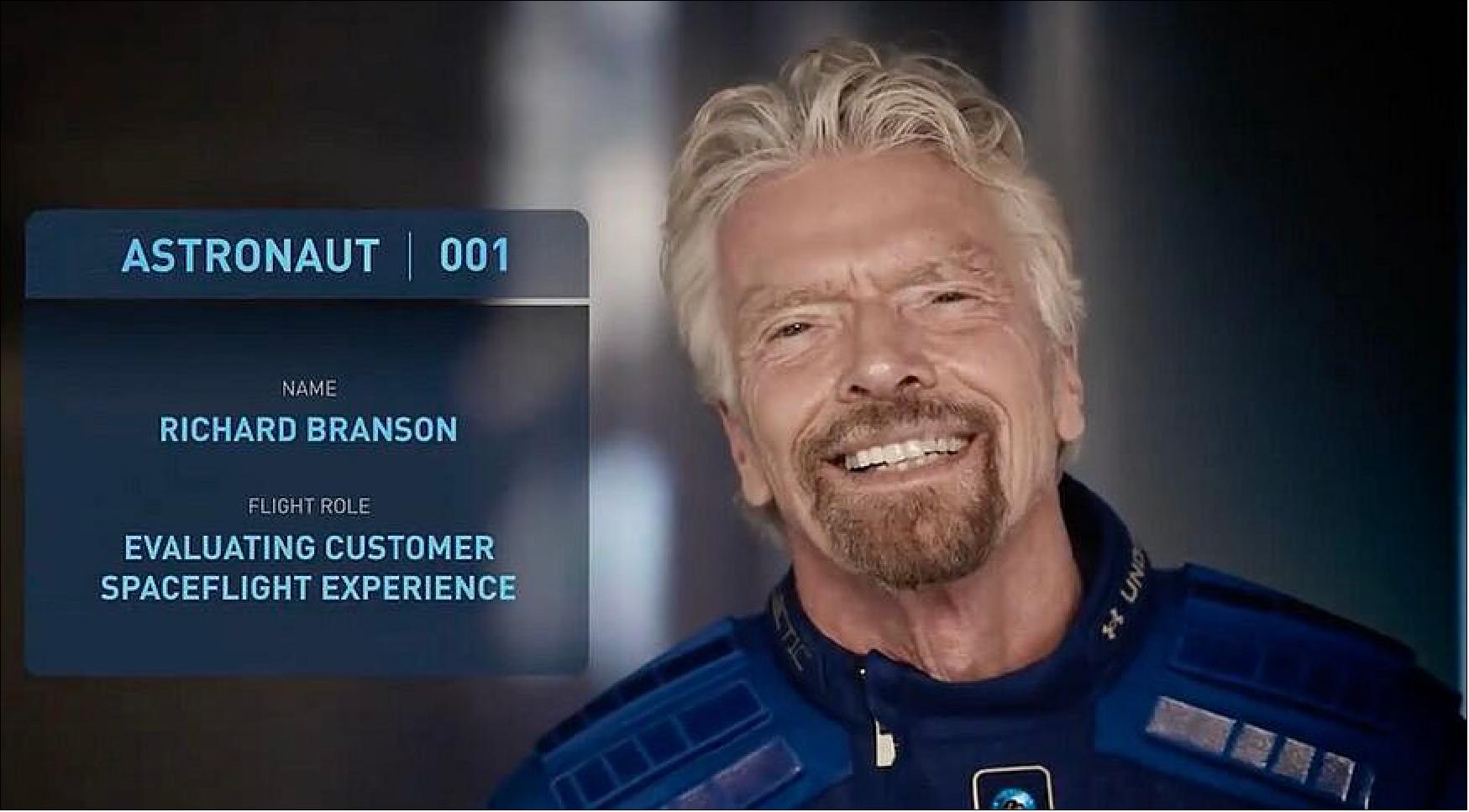 Figure 10: Richard Branson will be "Astronaut 001" on the next SpaceShipTwo suborbital spaceflight July 11, going to space days before Jeff Bezos flies on Blue Origin's New Shepard (image credit: Virgin Galactic)