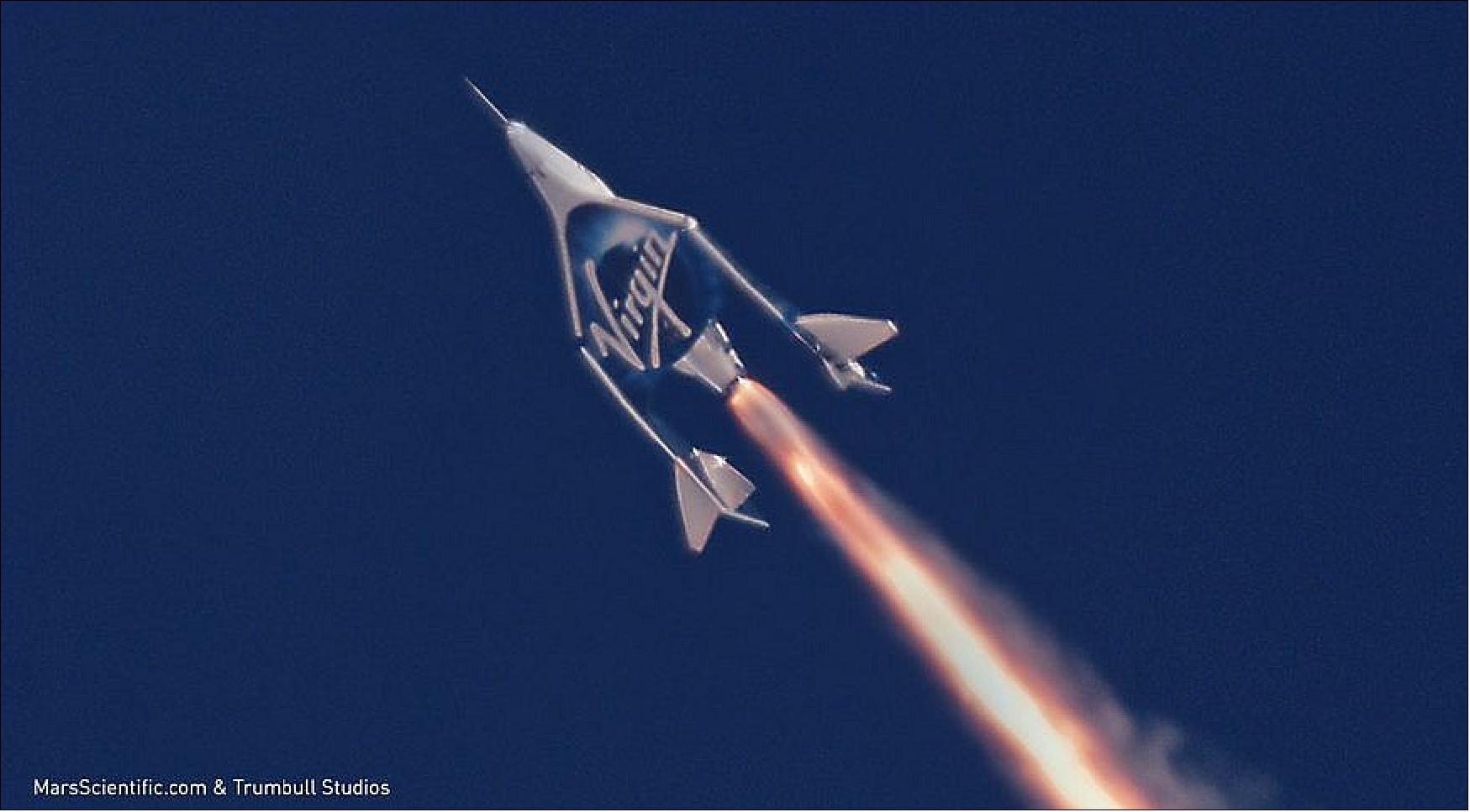 Figure 6: Virgin Galactic says supply chain problems and hiring issues will push back the start of commercial service of its VSS Unity SpaceShipTwo suborbital spaceplane from late 2022 to early 2023 (image credit: MarsScientific.com & Trumbull Studios)