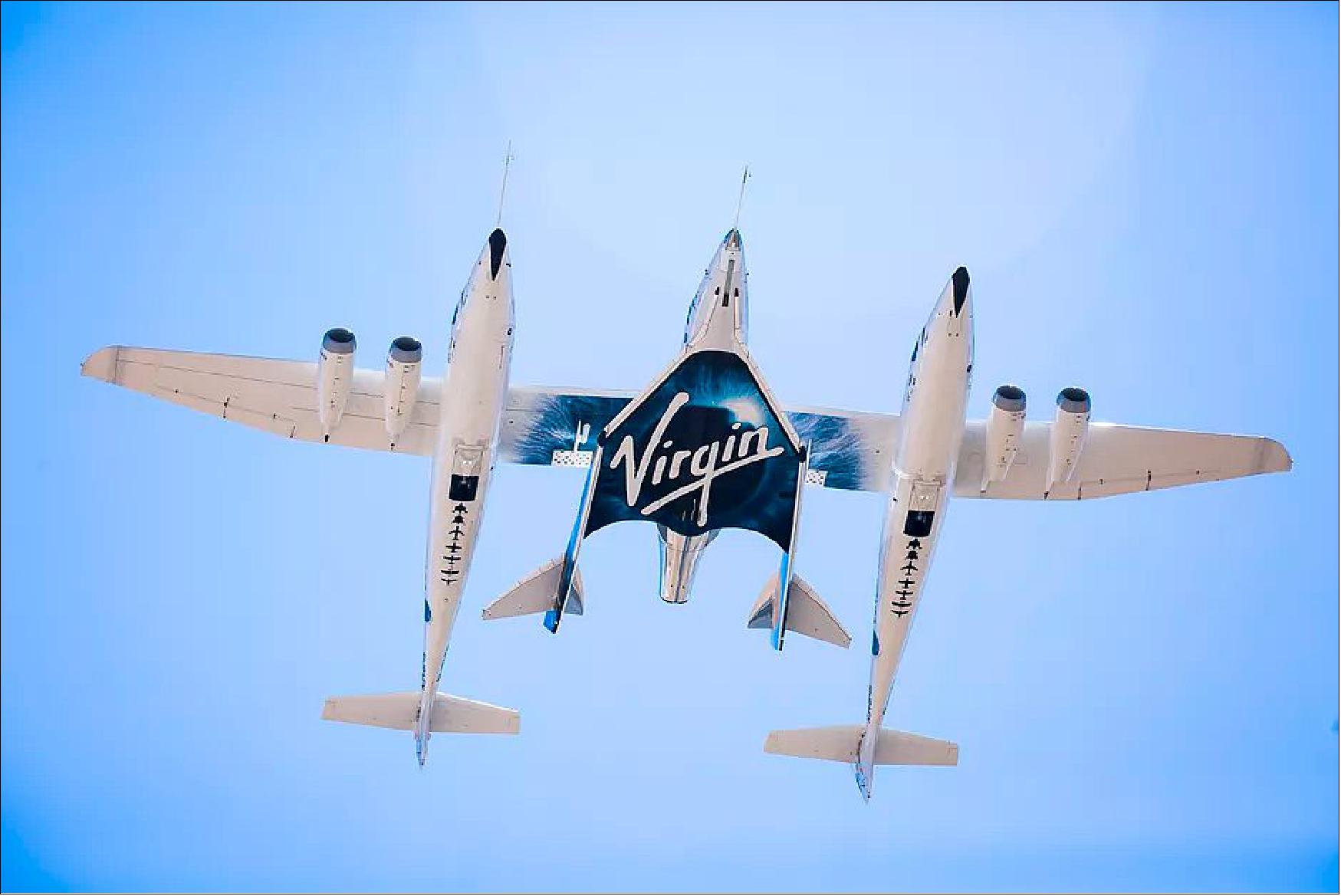 Figure 3: Air-launch configuration of SpaceShip Two (center) being lifted to altitudes of ~ 12 km by the WightKnight Two carrier aircraft prior to release of SpaceShip Two (image credit: Virgin Galactic)