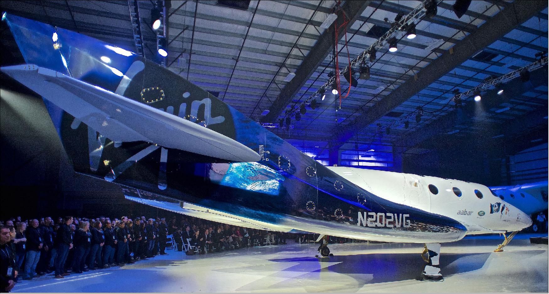 Figure 1: SpaceShipTwo "Unity" at rollout event on 19 February 2016 in Virgin Galactic FAITH hangar, Mojave, California, USA. VSS Unity (image credit: Virgin Galactic)