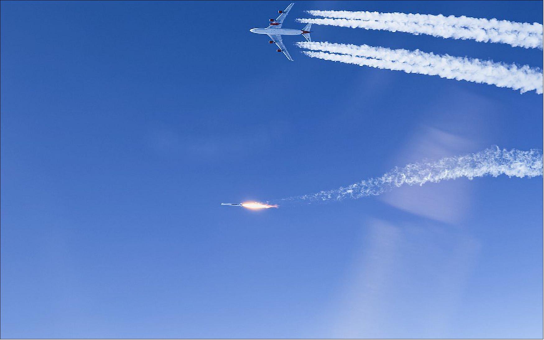Figure 11: Virgin Orbit’s LauncherOne rocket fires its NewtonThree main engine moments after release from the Boeing 747 carrier jet, named “Cosmic Girl.” (image credit: Virgin Orbit)