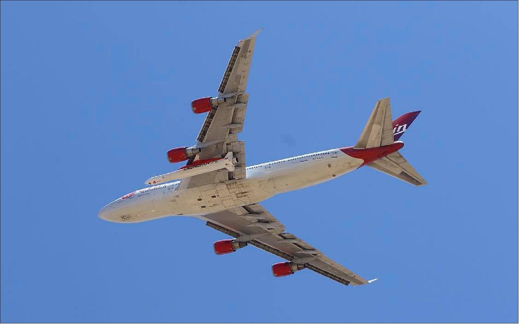 Figure 10: Virgin Orbit’s carrier aircraft — a Boeing 747 named “Cosmic Girl” — took off from Mojave Air and Space Port at 2:56 p.m. EDT (11:56 a.m. EDT) Monday (25 May 2020) with the company’s LauncherOne rocket under its left wing (image credit: Matt Hartman / Shorealone Films)