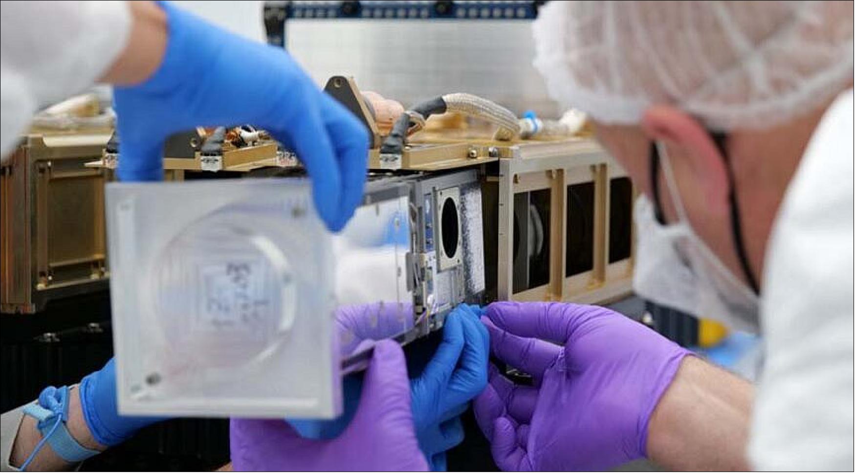 Figure 8: Missile Defense Agency (MDA) and VOX Space engineers integrate the CubeSat networked communications experiment at the company’s integration facility in Long Beach, Calif., in preparation for launch June 30, 2021 (image credit: VOX Space)