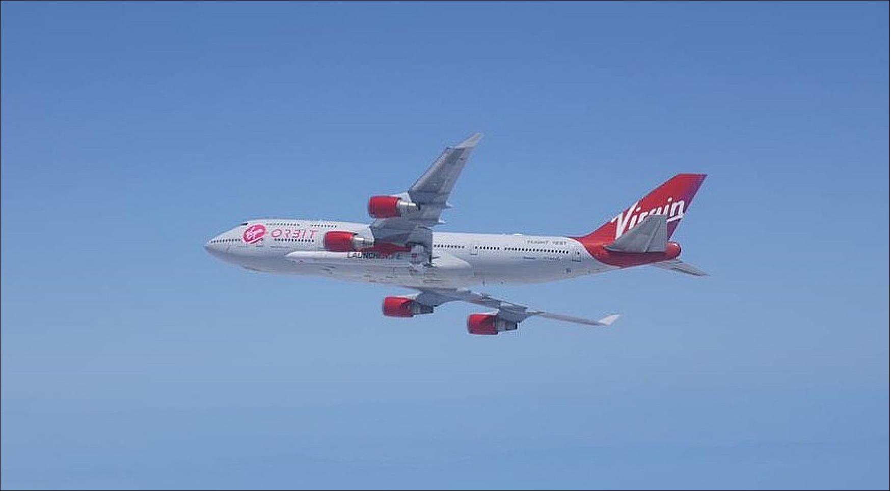Figure 3: Virgin Orbit's Boeing 747 with the LauncherOne rocket attached shortly before the rocket's release May 25 on an unsuccessful orbital launch attempt (image credit: Virgin Orbit)