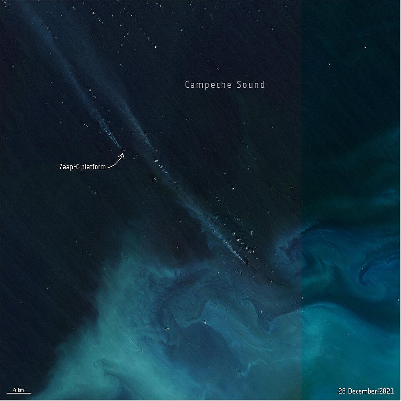 Figure 7: This Copernicus Sentinel-2 image, captured on 28 December 2021, shows the location of the Zaap-C offshore platform with many other offshore platforms visible flaring in the area. Please note that the water vapour columns are very typical on days when flaring is active. It is not the case for the days when the methane fluxes occur - on these days, there is neither flaring nor water vapour (image credit: ESA, the image contains modified Copernicus Sentinel data (2021), processed by ESA, CC BY-SA 3.0 IGO, CC BY-SA 3.0 IGO]