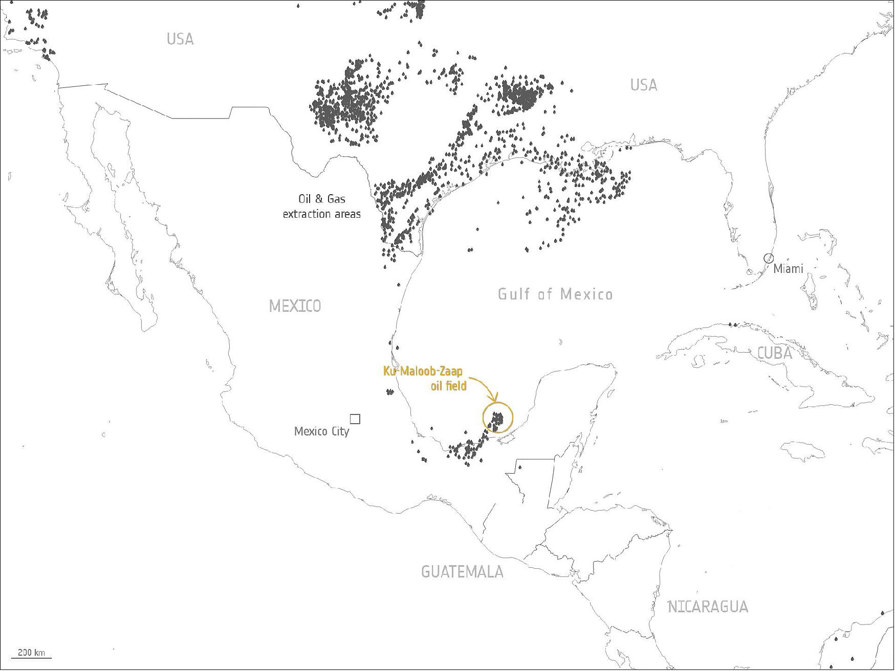 Figure 5: This map shows the oil and gas extraction areas in and around the Gulf of Mexico. Data has been extracted from the Global Energy Monitor [image credit: ESA (Data: Global Oil and Gas Extraction Tracker, Global Energy Monitor, January 2022)]