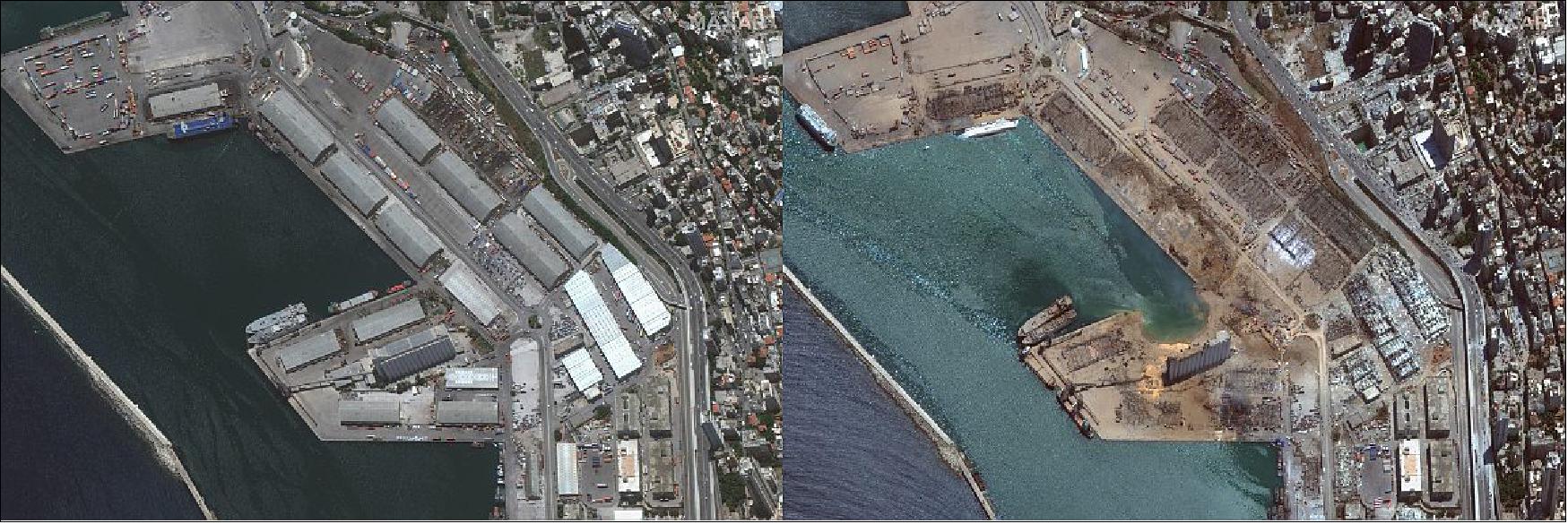 Figure 11: WorldView satellite capture of the port of Beirut prior to (left) and post (right) explosion (image credit: ©2020 Maxar Technologies)