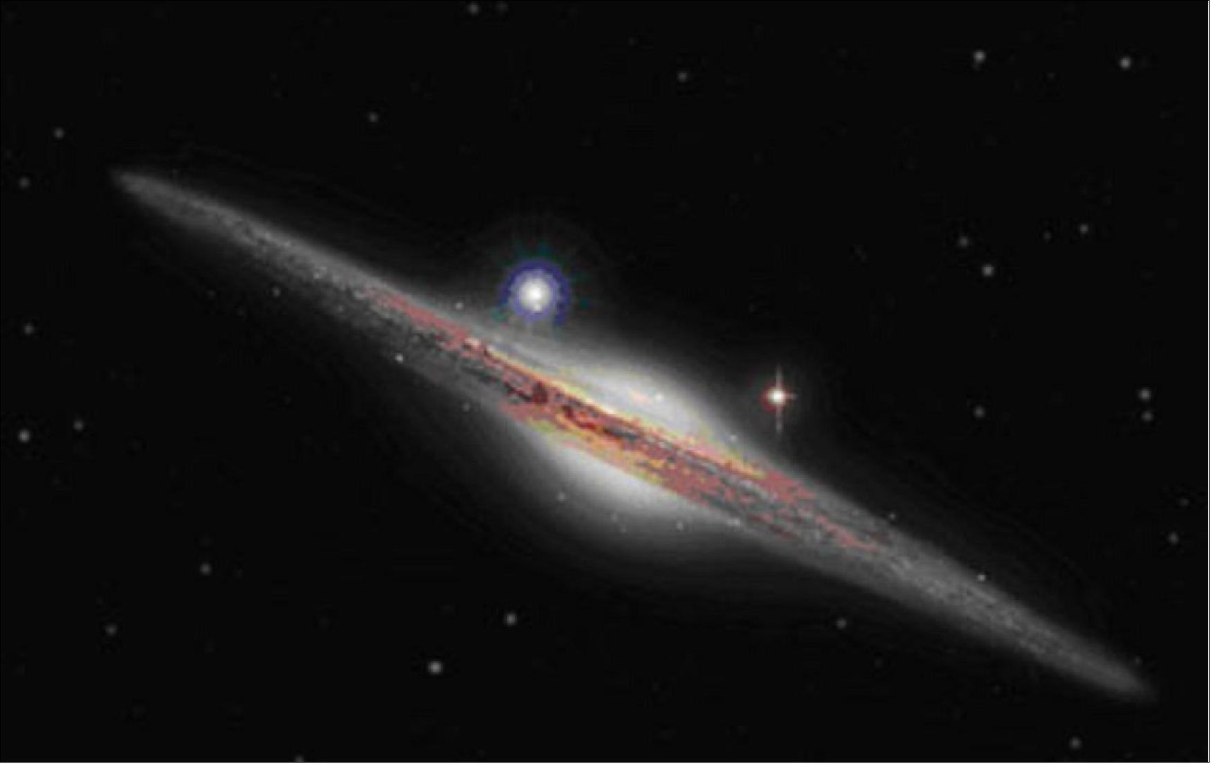 Figure 133: Artist's impression of galaxy and HLX-1 (blue star to the left), image credit: Heidi Sagerud